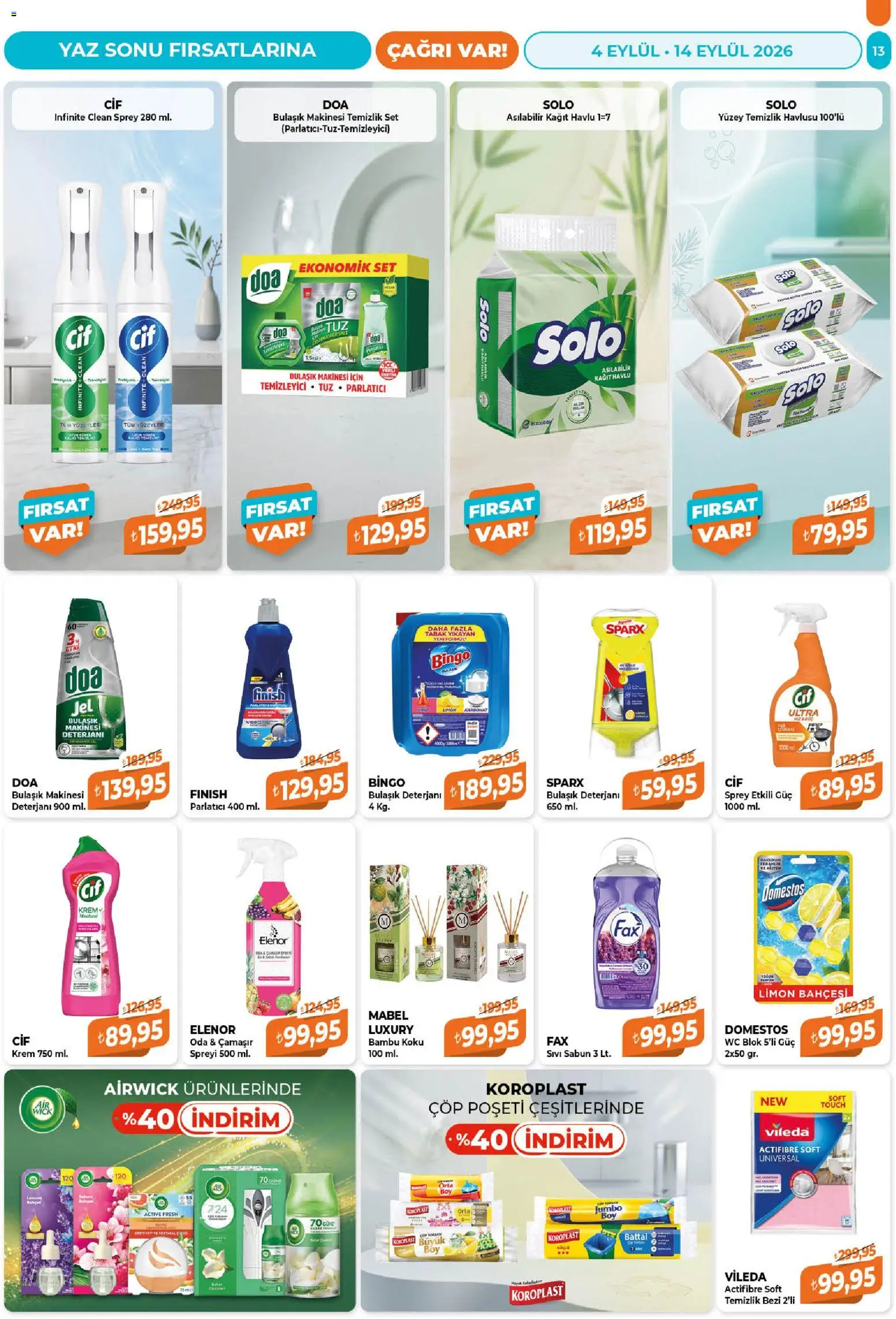 Çağrı Market Katalog - 04 Eylül 2026 tarihinden itibaren geçerlidir | Sayfa: 13 | Ürünler: Sabun, Koku, Limon, Bulaşık makinesi