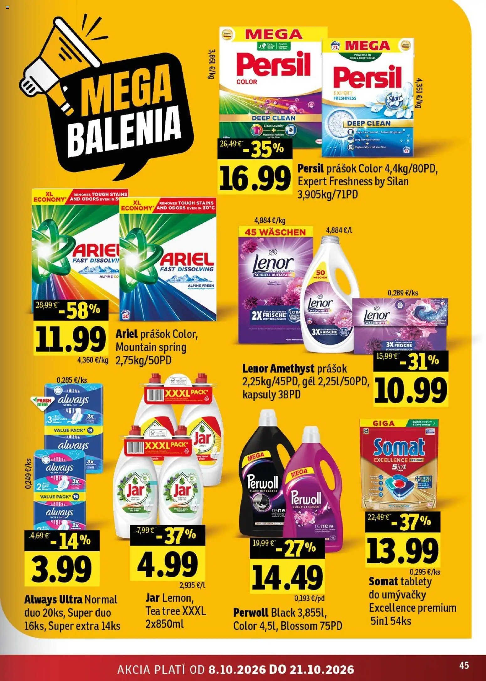 Nové Fresh akcie – leták je platný od 08.10.2026 | Strana: 45 | Produkty: Perwoll, Silan, Jar, Lenor