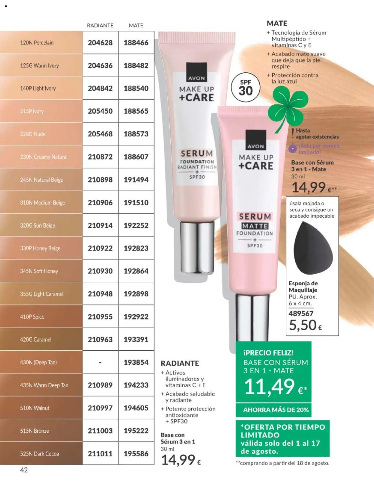 Catálogo AVON campaña 8 │ válido desde el 01/08/2026 | Página: 42 | Productos: Esponja, Maquillaje, Sérum