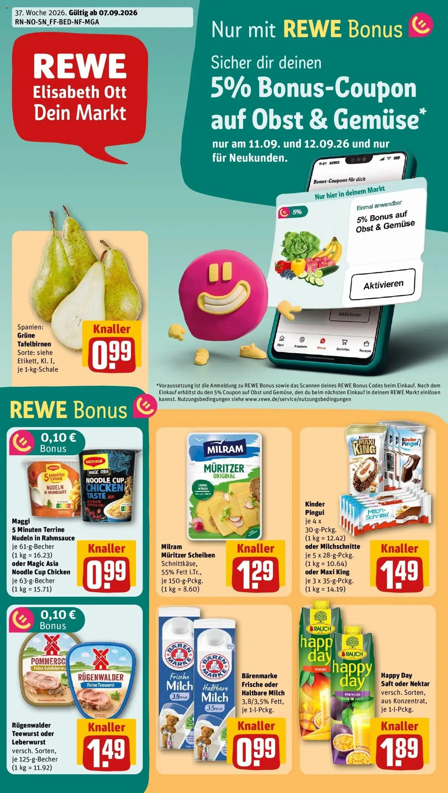 REWE Prospekt ab 07.09.2026 zum Blättern » Angebote | Seite: 1 | Produkte: Obst, Milram, Saft, Nudeln