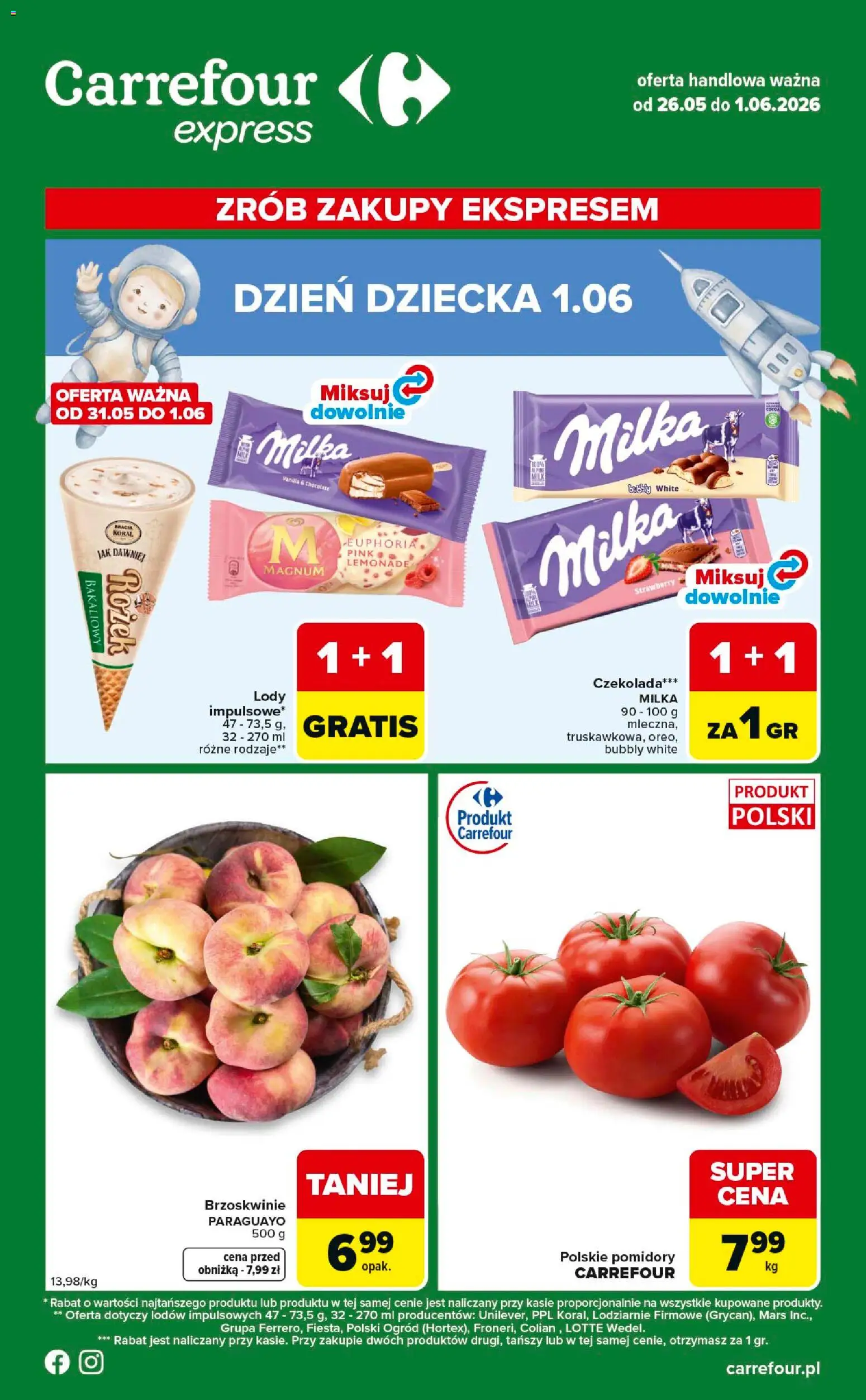 Carrefour gazetka - Express od 26.05.2026 | Strona: 1 | Produkty: Milka, Czekolada, Pomidory, Brzoskwinie