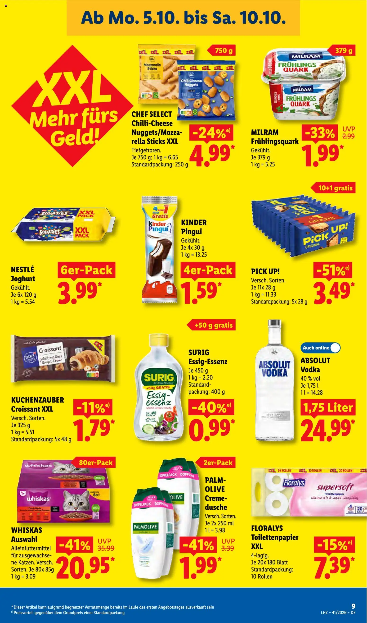Lidl Německo leták od 05.10.2026 | Strana: 15 | Produkty: Whiskas, Vodka, Croissant, Kinder