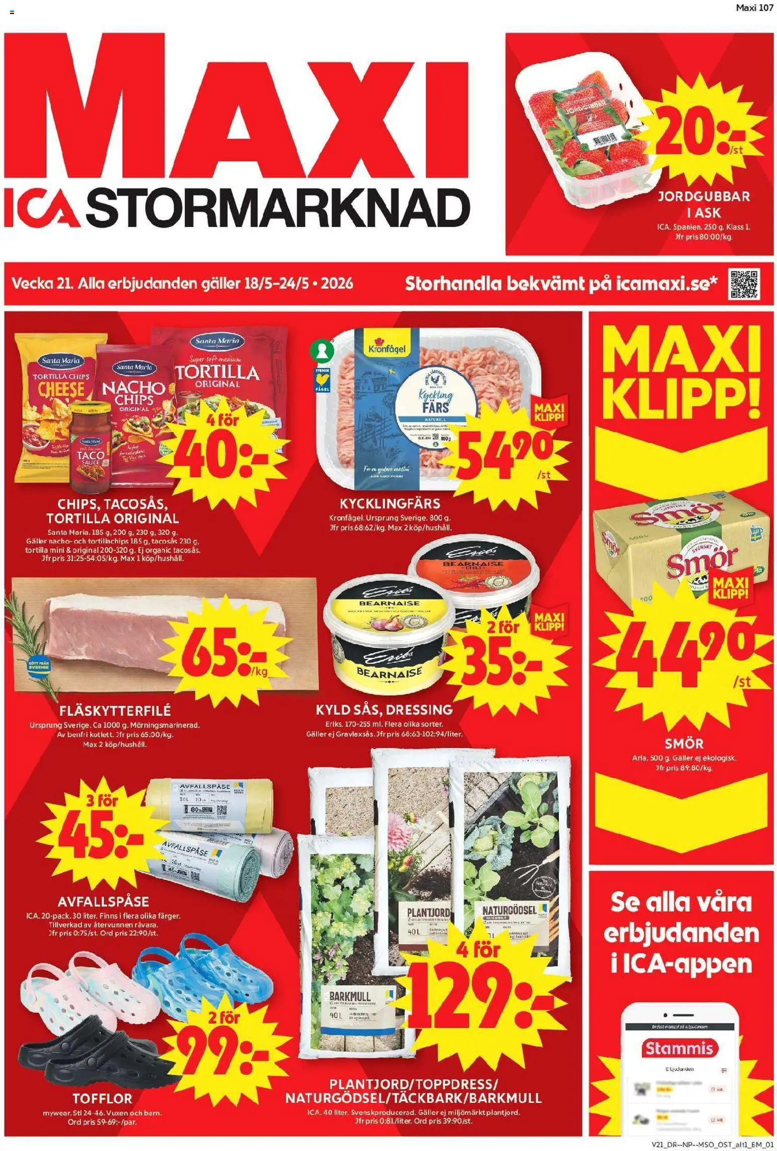 ICA Maxi reklamblad aktuell från 18.05.2026 | Sida: 1 | Produkter: Tacosås, Tortillachips, Galler, Tofflor