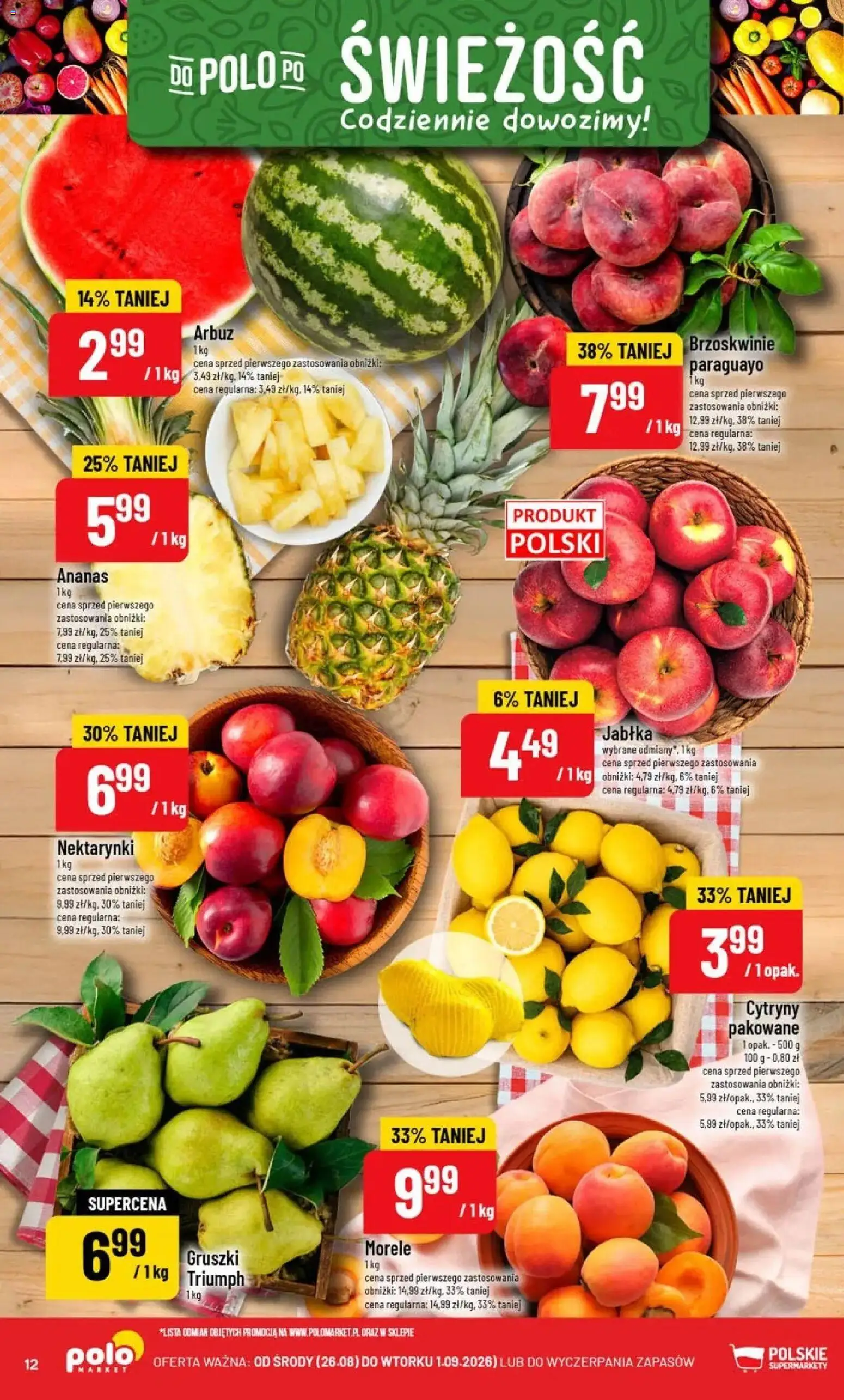 Nowa POLOmarket gazetka od jutra 26.08.2026 | Strona: 12 | Produkty: Arbuz, Nektarynki, Cytryny, Brzoskwinie