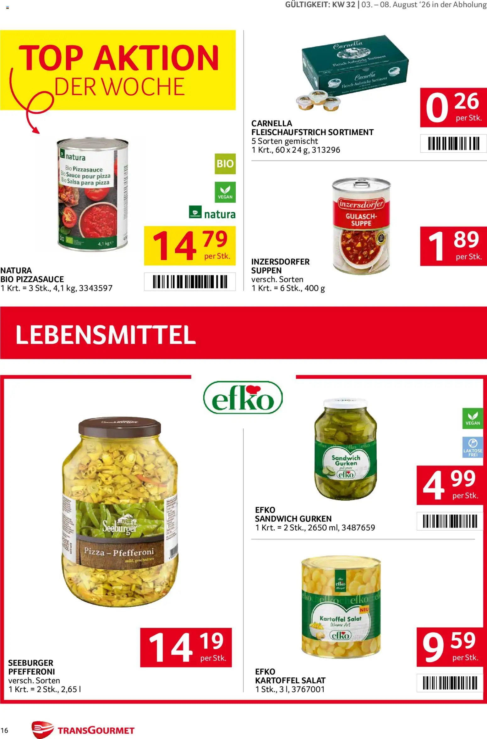 Transgourmet Flugblatt gültig ab 03.08.2026 | Seite: 16 | Produkte: Gurken, Salat, Lebensmittel, Pizza