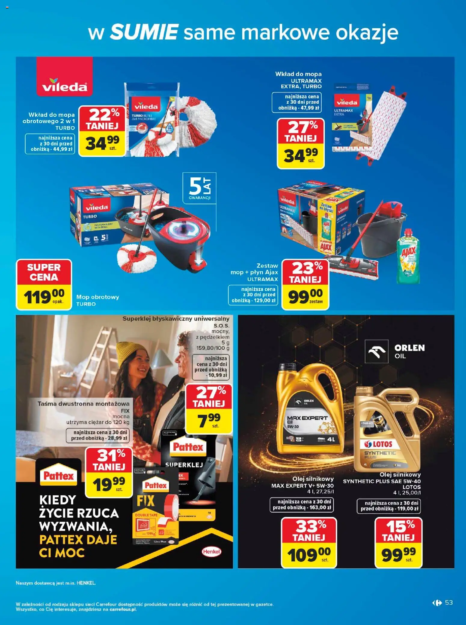 Carrefour gazetka - W sumie same markowe okazje od 08.06.2026 | Strona: 53 | Produkty: Olej, Mop obrotowy, Vileda