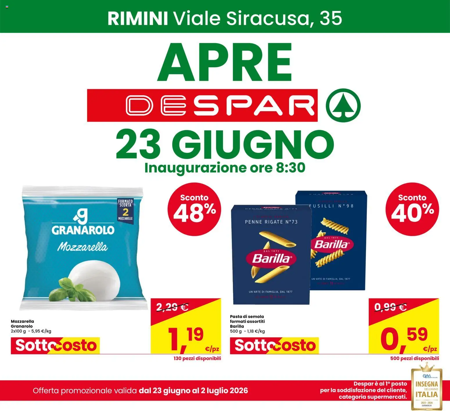Volantino Despar del 23/06/2026 | Pagina: 1 | Prodotti: Mozzarella, Pasta, Fusilli, Penne