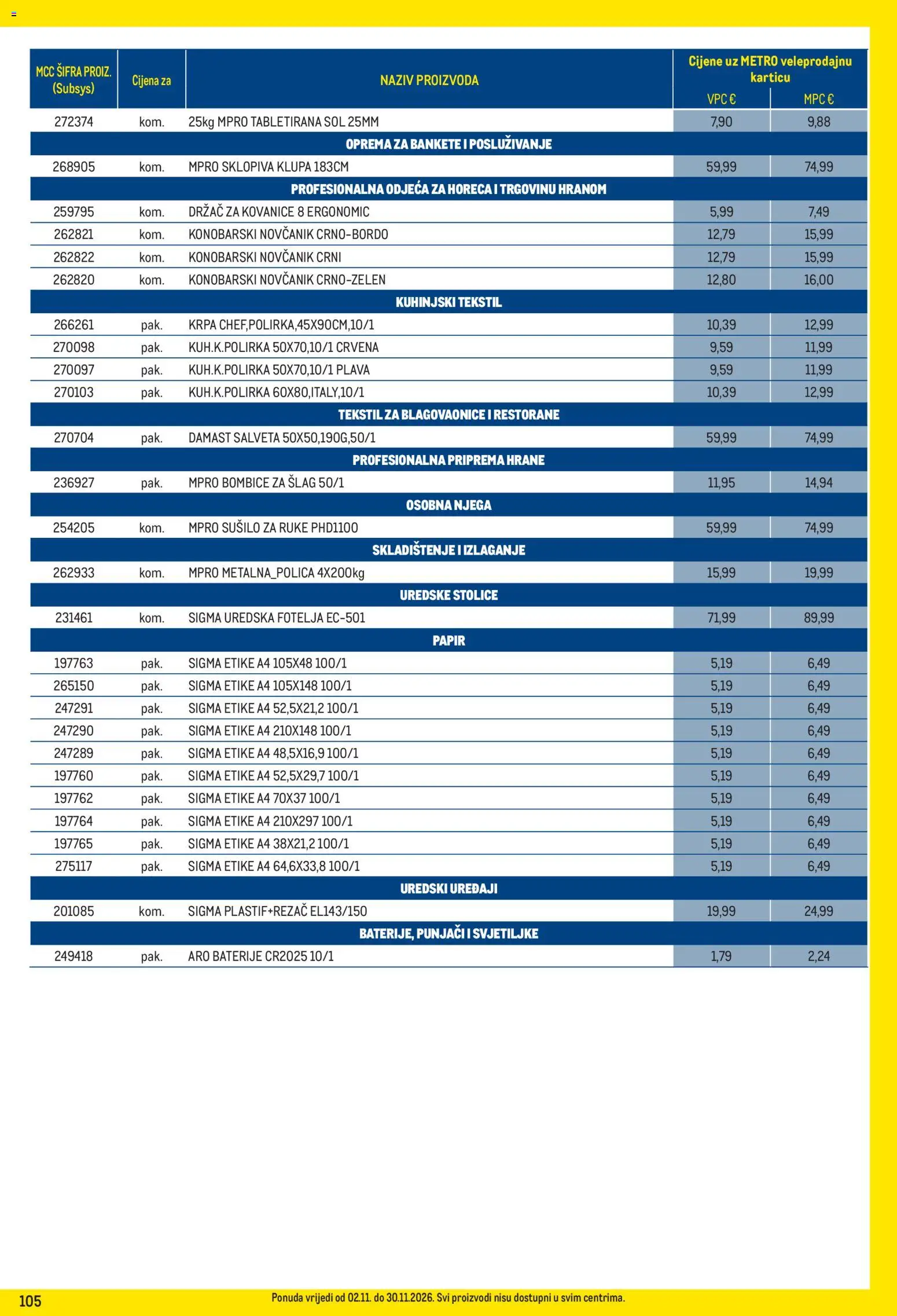 Metro katalog | vrijedi od 02.11.2026 | Stranica: 105 | Proizvodi: Sol, Baterije, Uredske stolice, Šlag