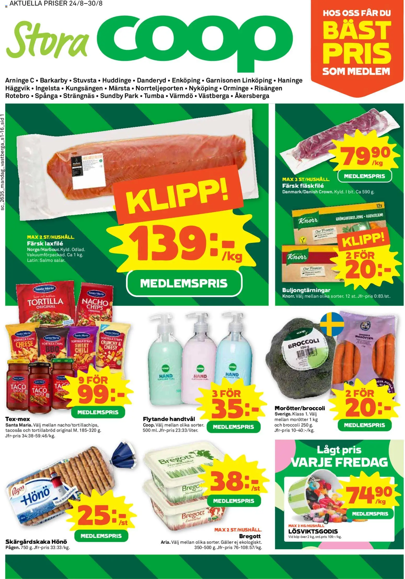 Coop Forum reklamblad aktuell från 24/08/2026 | Sida: 1 | Produkter: Tortillabröd, Tacosås, Grönsaksbuljong, Chili