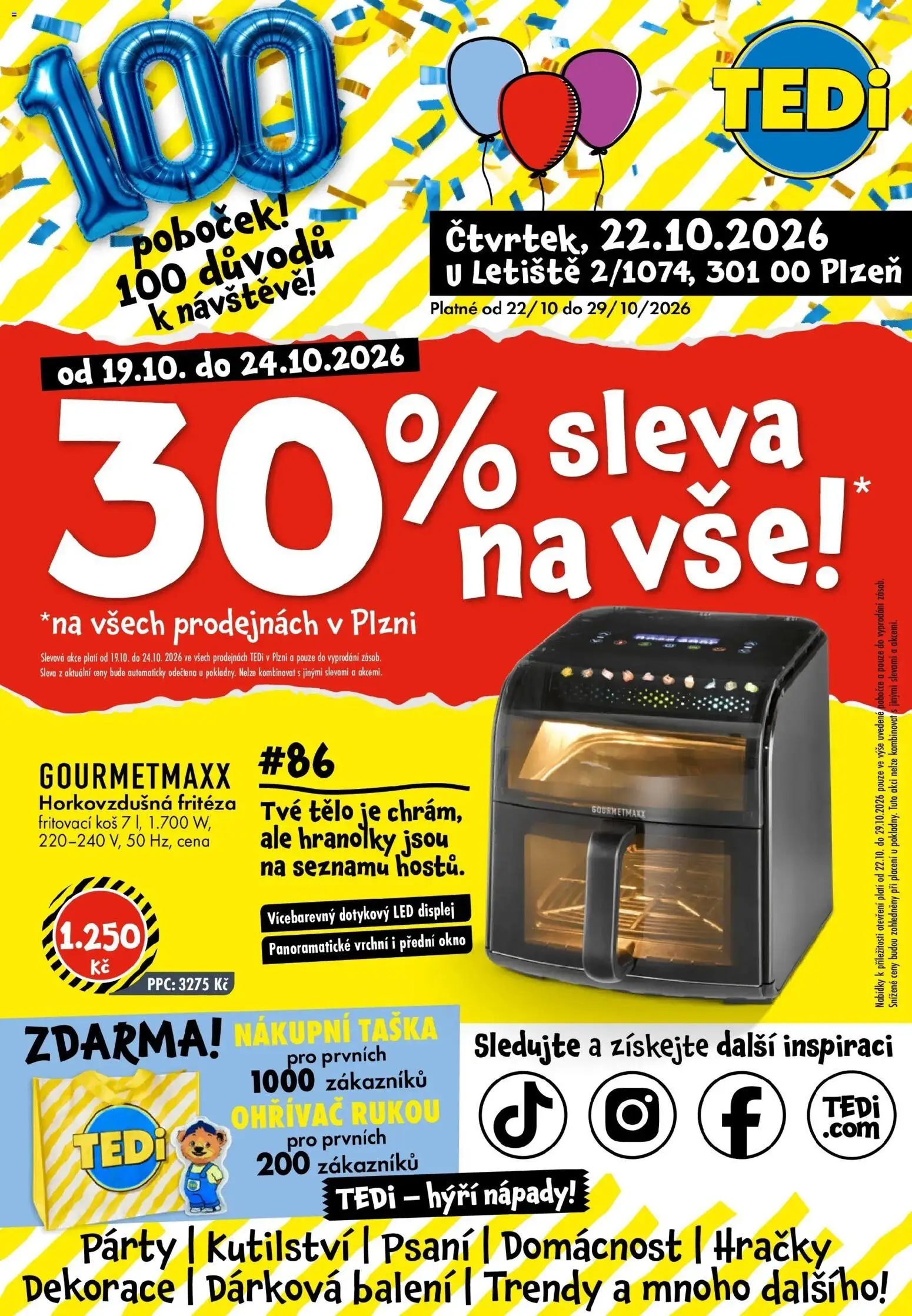 TEDi leták - Plzeň od 22.10.2026 - akční nabídka | Strana: 1 | Produkty: Nákupní taška, Taška, Horkovzdušná fritéza, Dekorace
