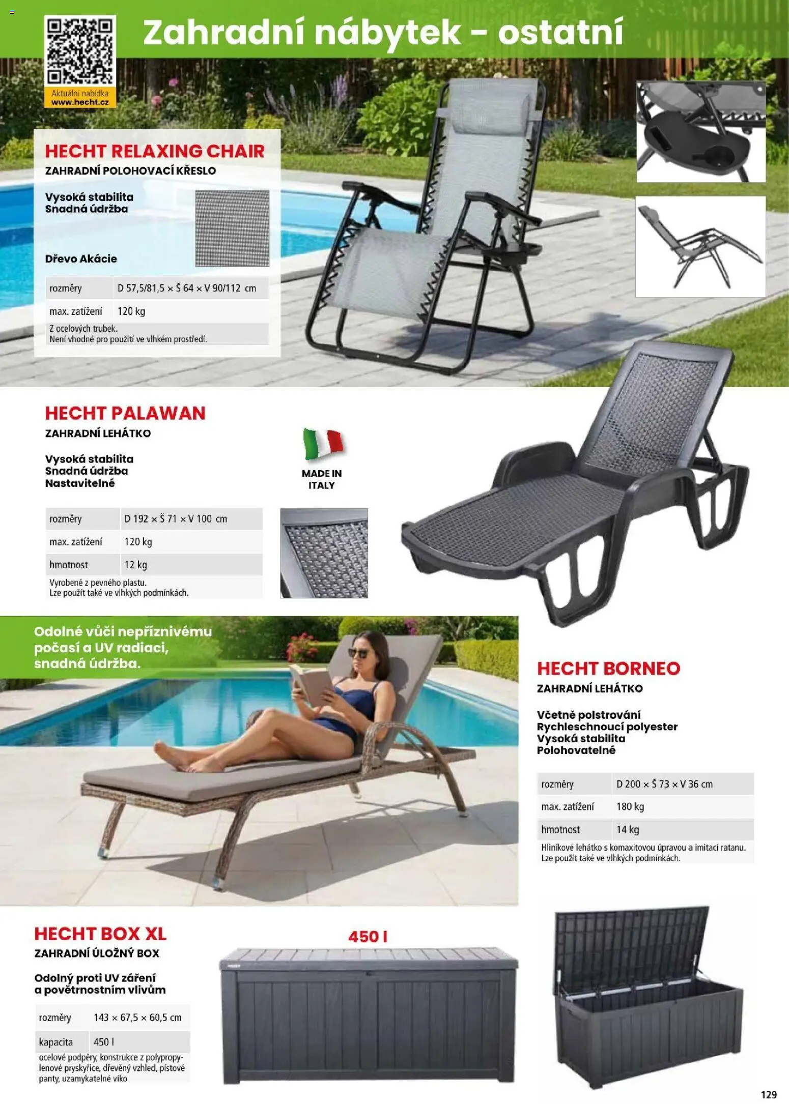 Hecht katalog - Léto - podzim 2026 od 21.08.2026 | Strana: 129 | Produkty: Zahradní úložný box, Hecht, Lehátko, Zahradní nábytek