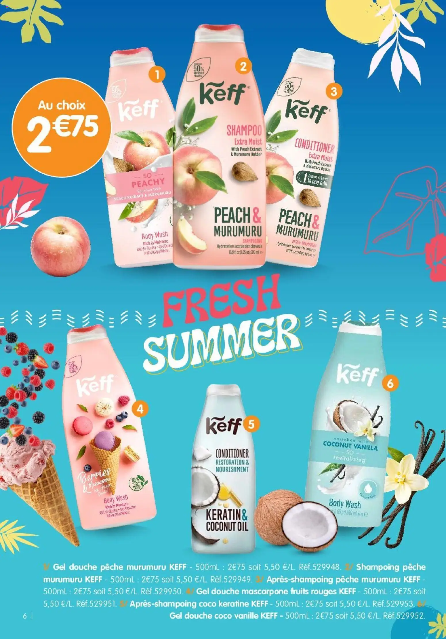 {H1} | Page: 6 | Produits: Pêche, Gel douche, Douche, Mascarpone