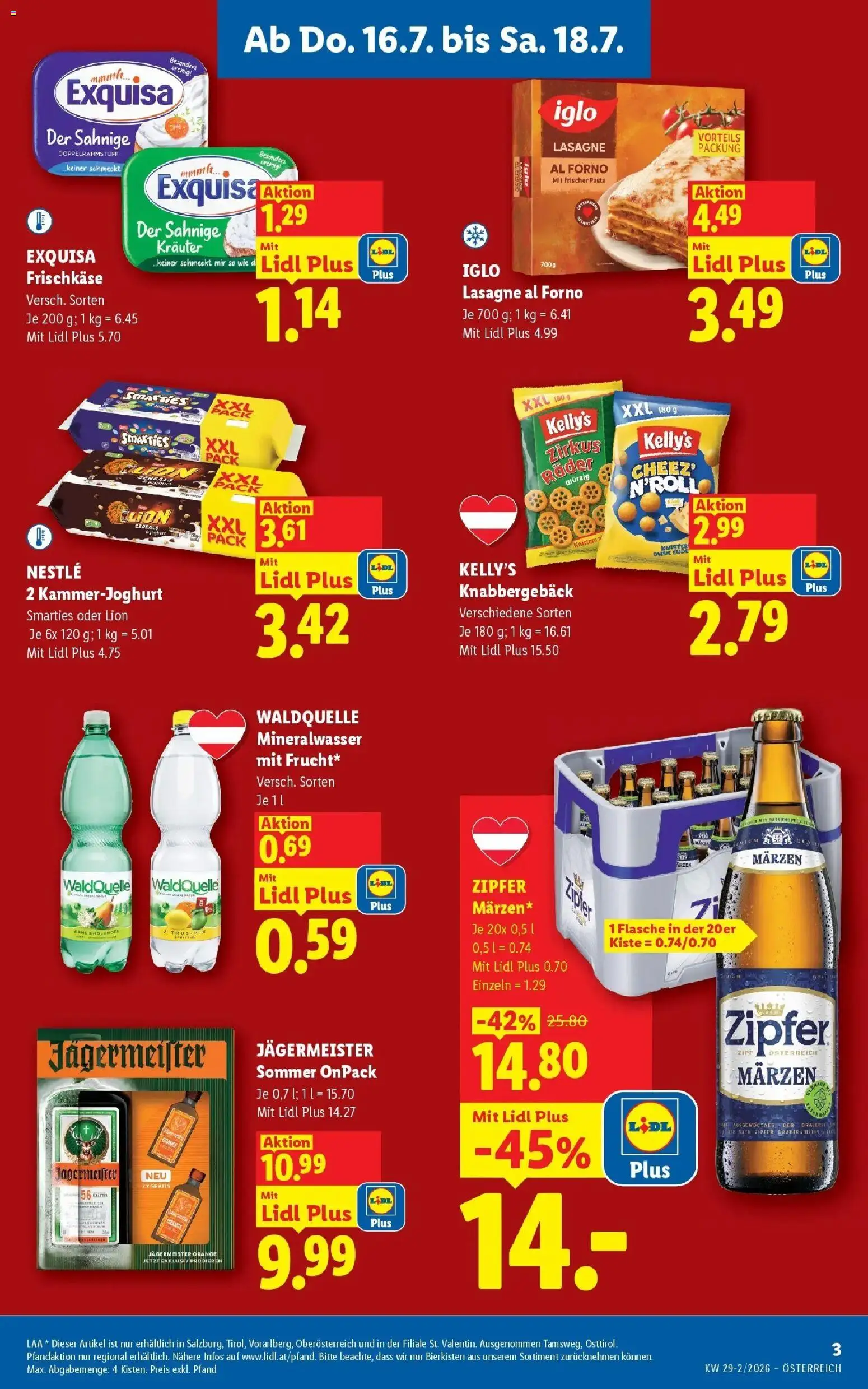 Lidl Flugblatt - Jenbach, Eferding, Dornbirn gültig ab 16.07.2026 | Seite: 3 | Produkte: Pasta, Birne, Mineralwasser, Joghurt
