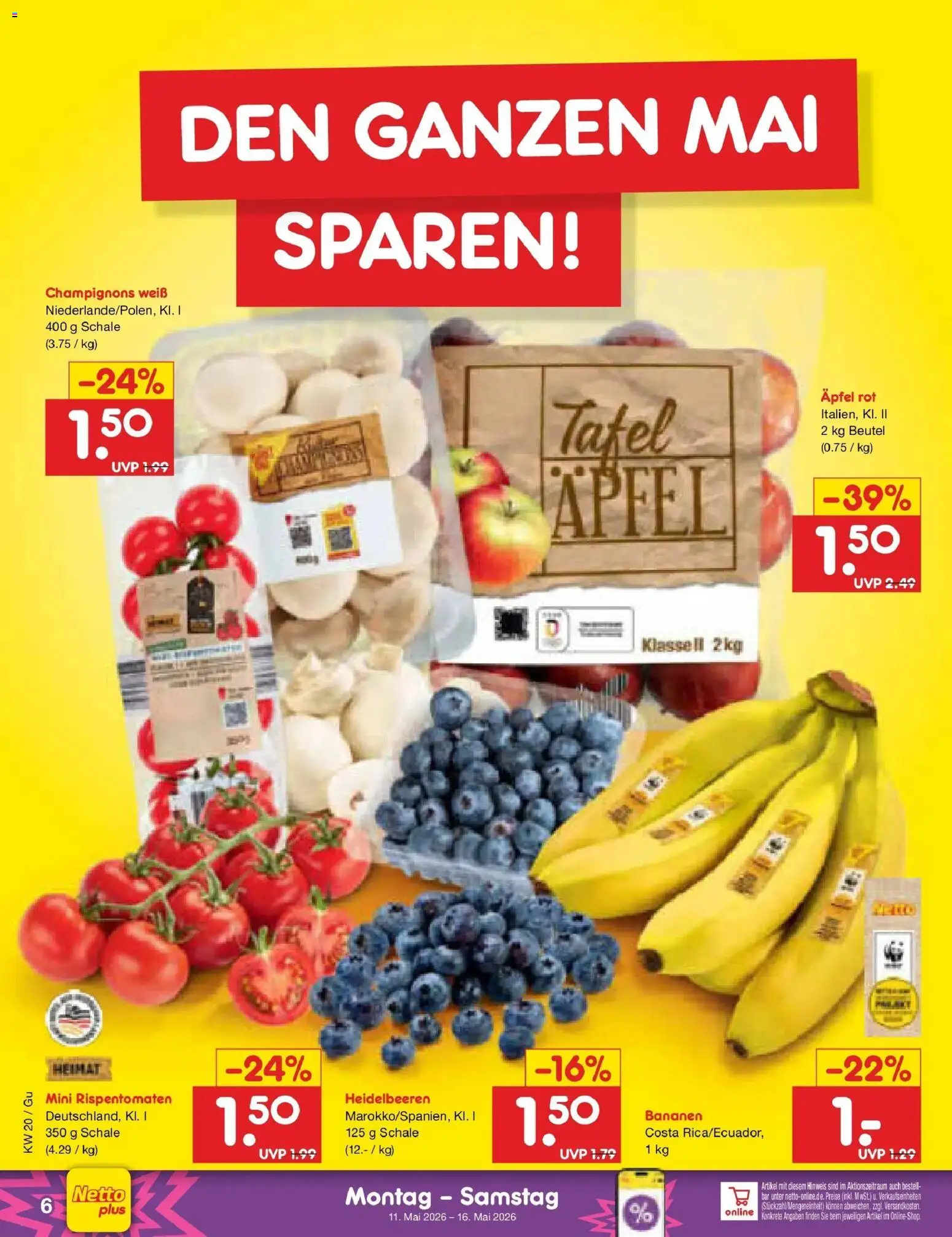 Netto Marken-Discount Prospekt Machern	 – gültig ab 10.05.2026 | Seite: 6 | Produkte: Äpfel, Bananen, Heidelbeeren, Champignons