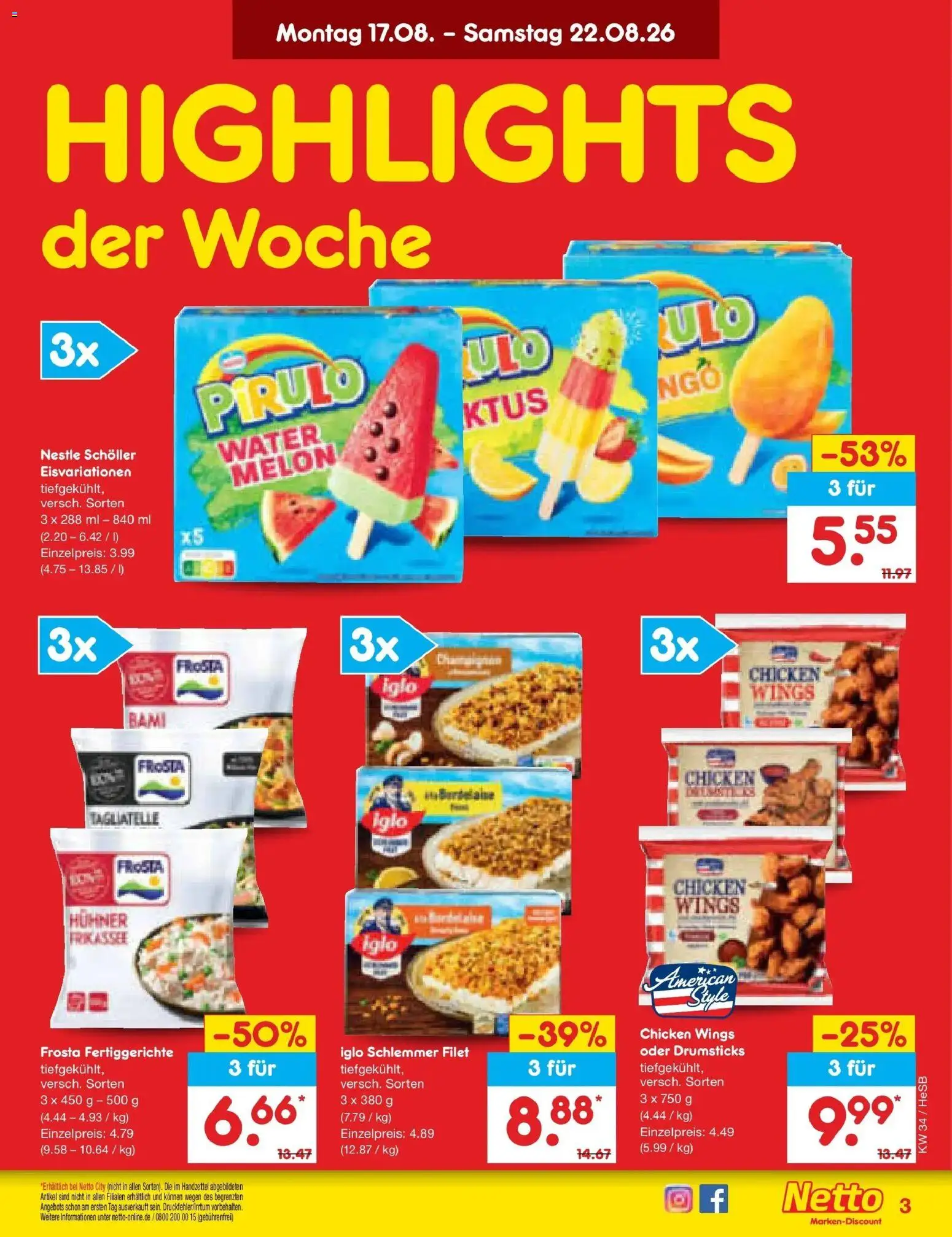 Netto Marken-Discount Prospekt Hamburg – gültig ab 17.08.2026 | Seite: 3 | Produkte: Iglo, Frosta, Fertiggerichte