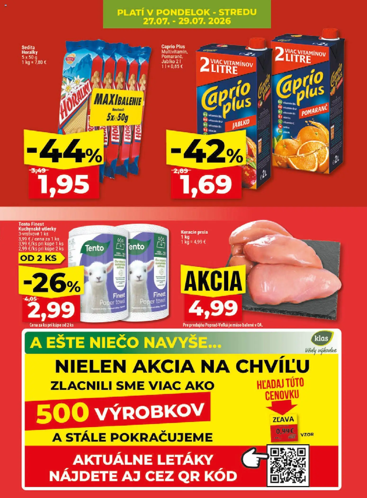 Nové Klas akcie – leták je platný od 27.07.2026 | Strana: 5 | Produkty: Kuracie prsia, Horálky