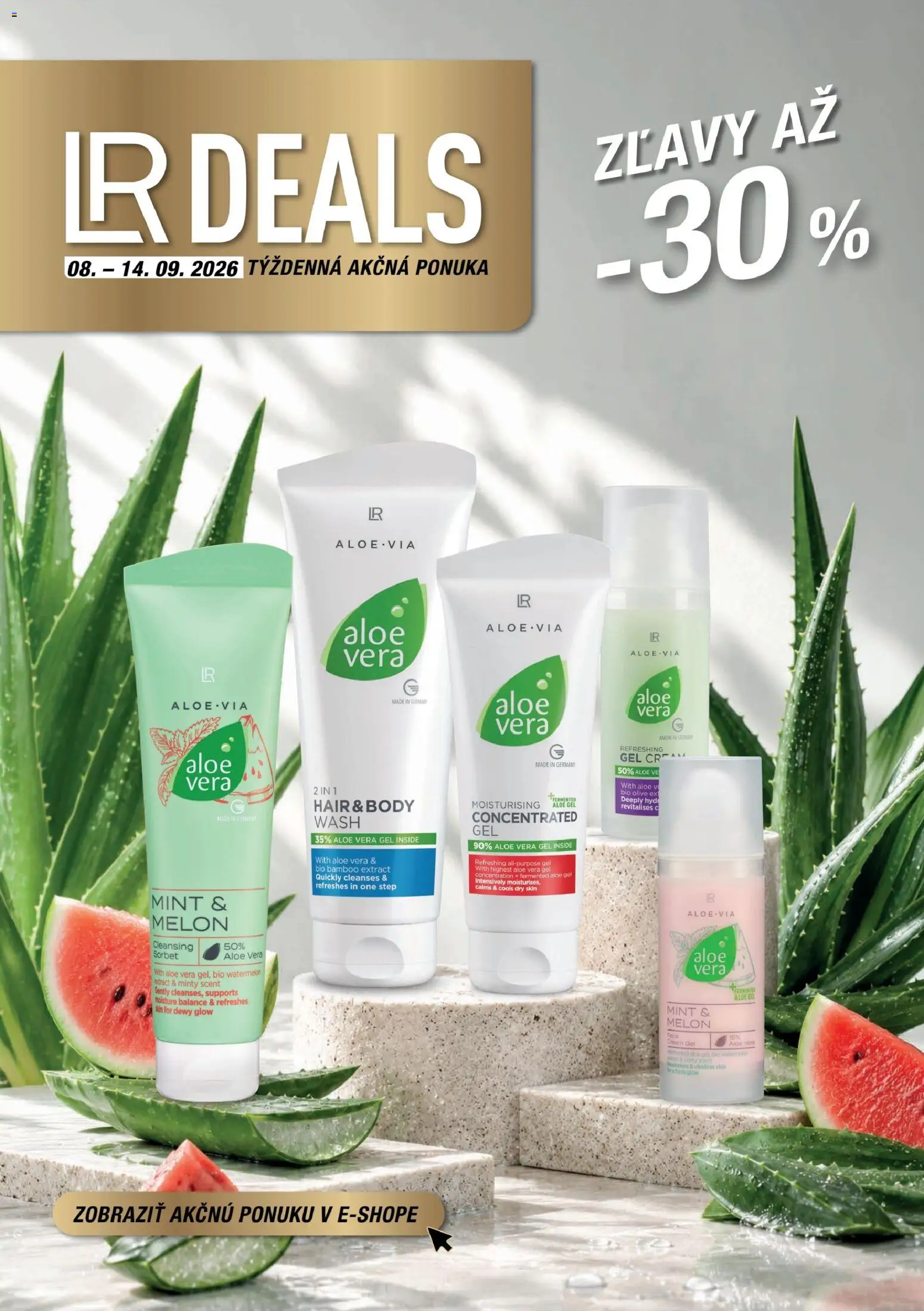 Nové LR akcie – leták je platný od 08.09.2026 | Strana: 1 | Produkty: Aloe Vera, Sorbet, Melón