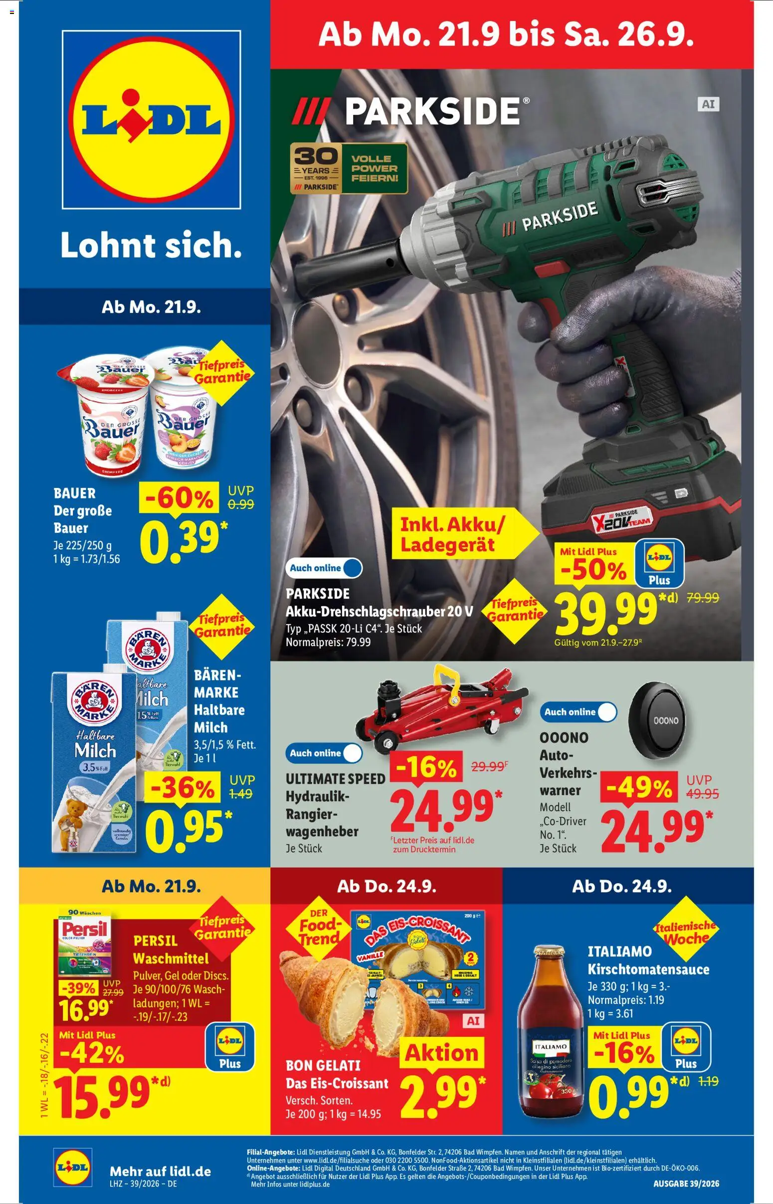 Lidl Německo leták od 21.09.2026 | Strana: 1 | Produkty: Parkside, Bon Gelati, Ultimate Speed, Persil