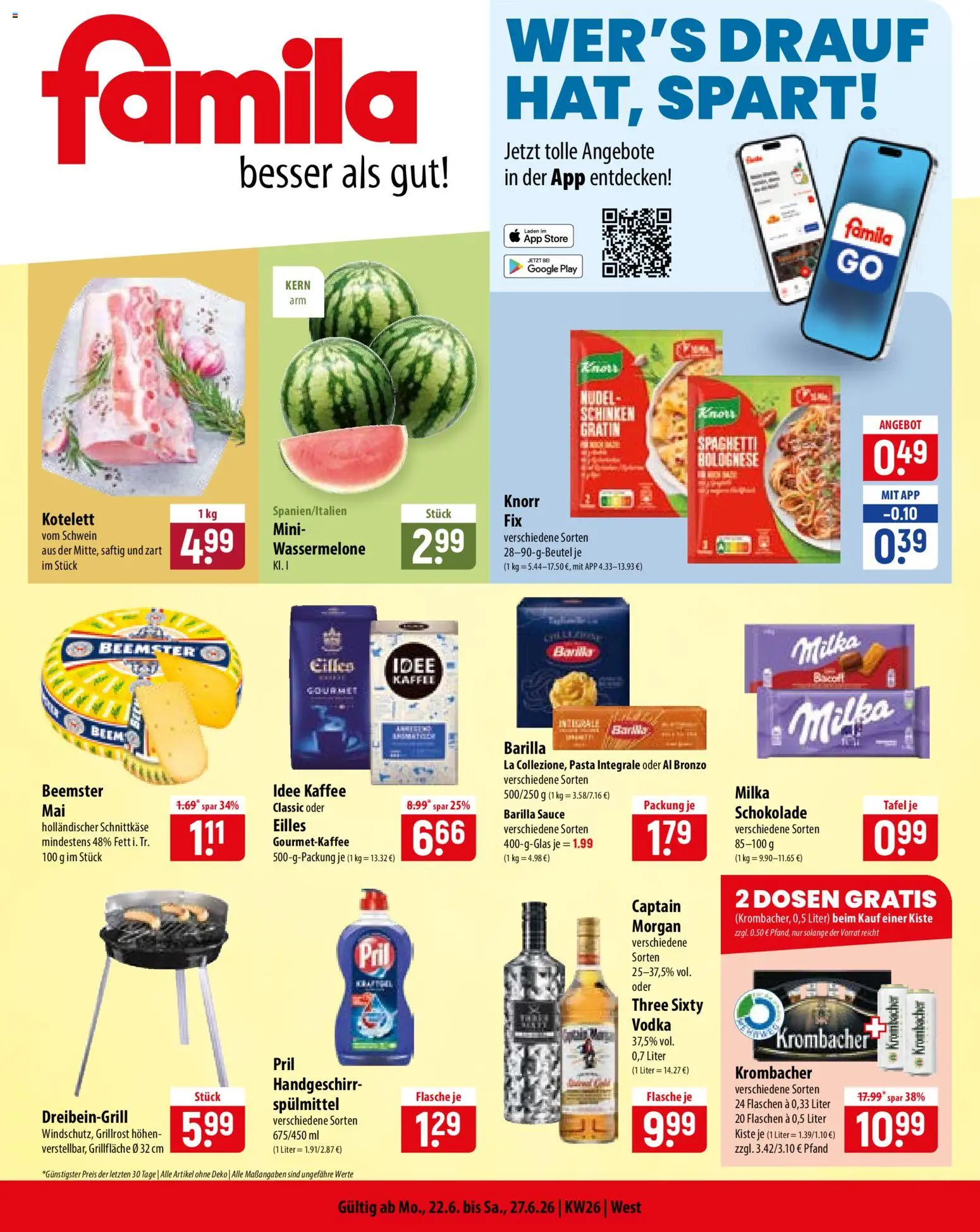 Famila Prospekt – gültig ab 22.06.2026 | Seite: 1 | Produkte: Schokolade, Wassermelone, Krombacher, Vodka