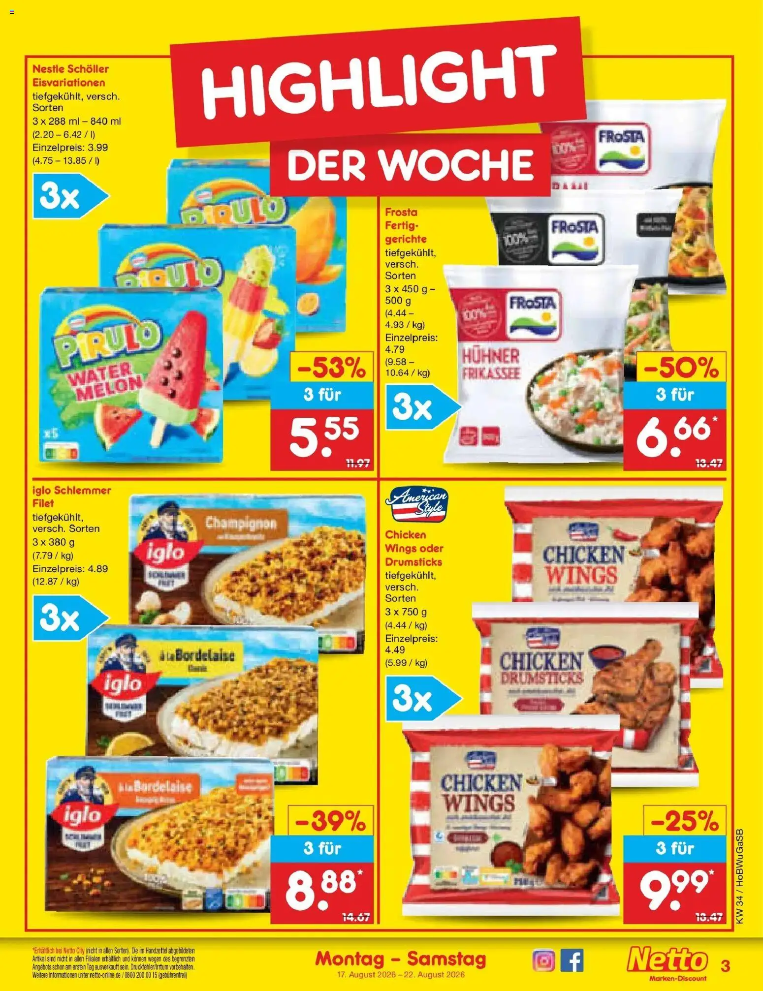 Netto Marken-Discount Prospekt Bremen-Lesum – gültig ab 17.08.2026 | Seite: 3 | Produkte: Iglo, Frosta, Gerichte