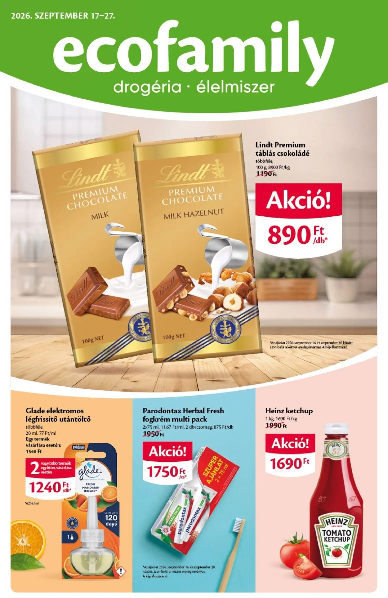 Ecofamily akciós ujság - amely érvényes a következő dátumtól: 2026.09.17. | Oldal: 1 | Termékek: Lindt, Légfrissítő, Ketchup, Mandarin