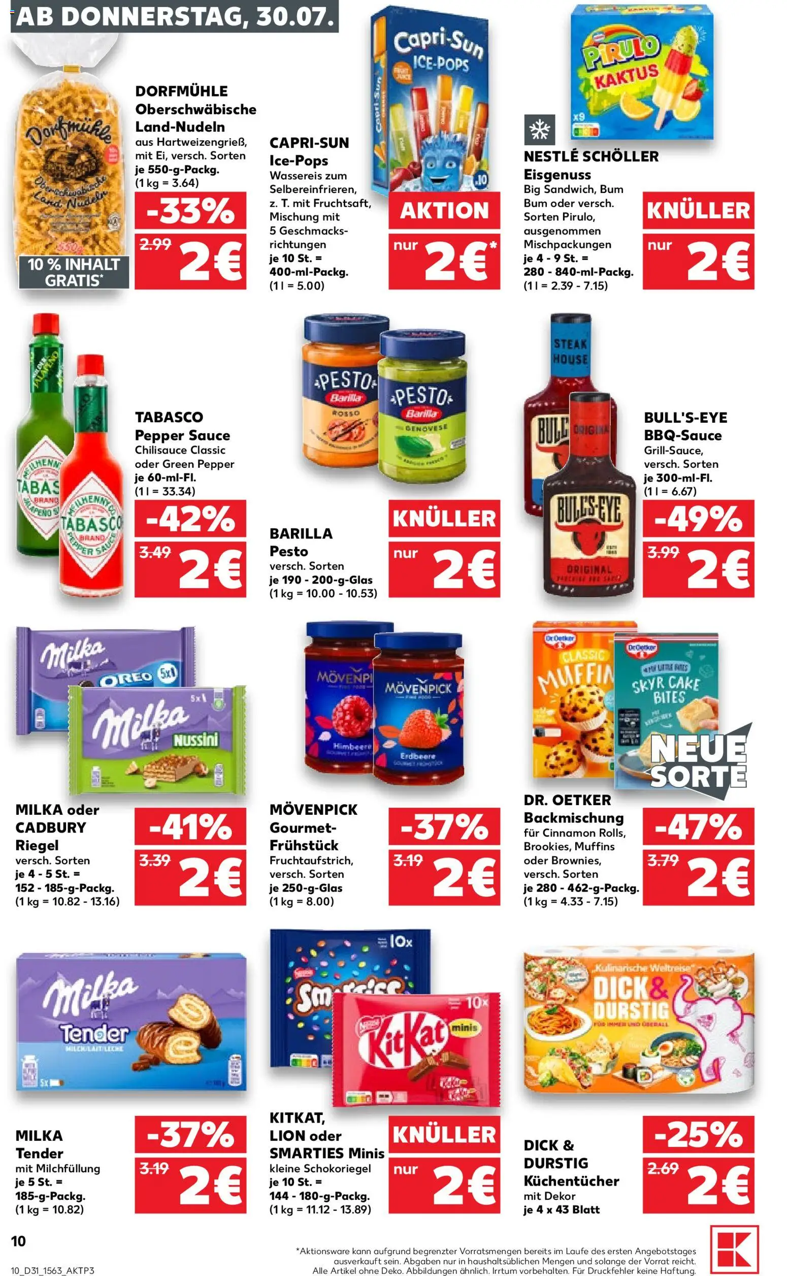 Kaufland Prospekt Kiel – gültig ab 30.07.2026 | Seite: 10 | Produkte: Barilla pesto, Smarties, Milka, Steak
