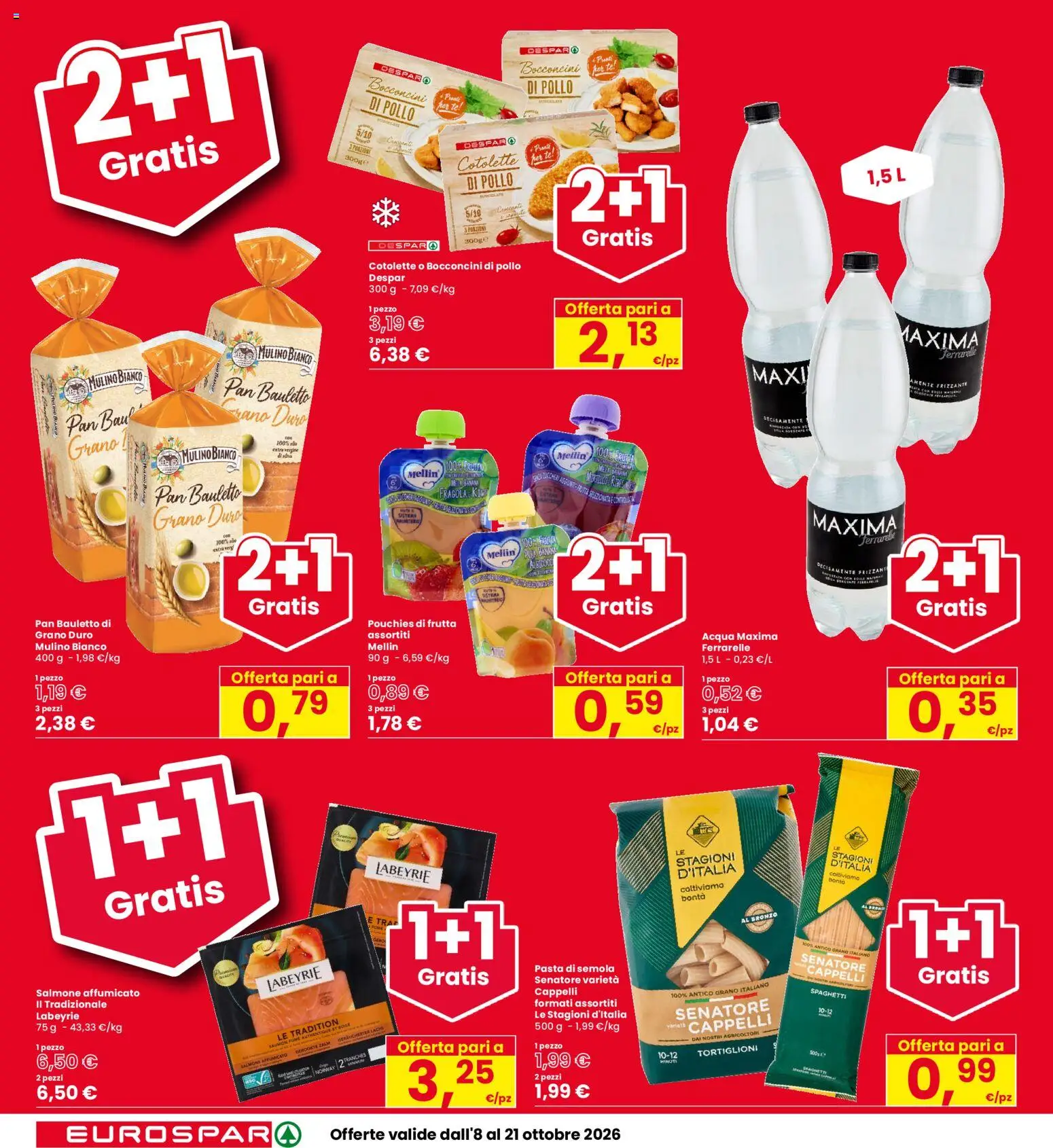 Volantino Eurospar del 08/10/2026 | Pagina: 6 | Prodotti: Acqua, Pasta, Semola, Ferrarelle
