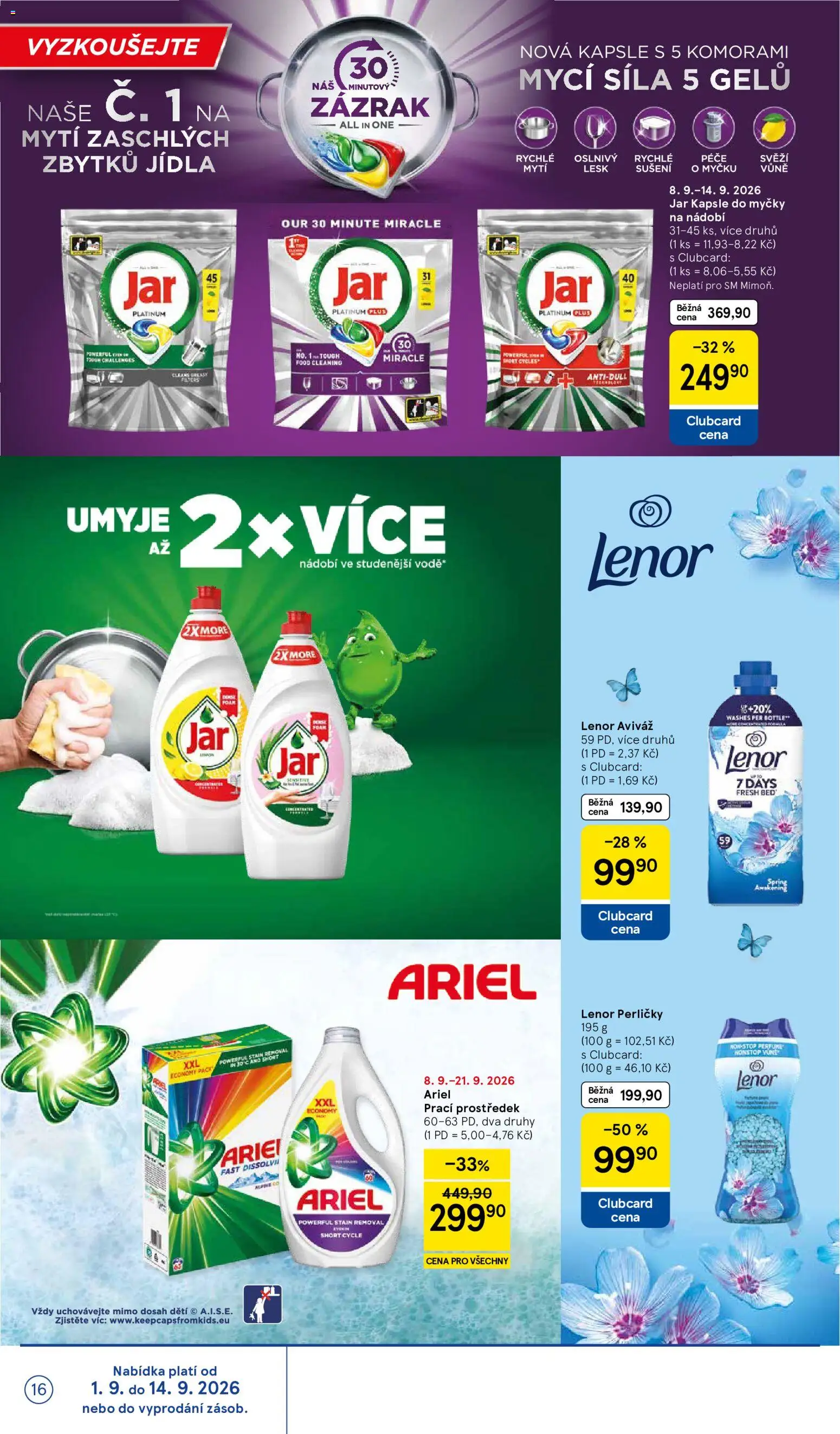 Tesco leták - Supermarket od 09.09.2026 | Strana: 16 | Produkty: Nádobí, Ariel, Kapsle do myčky, Aviváž Lenor