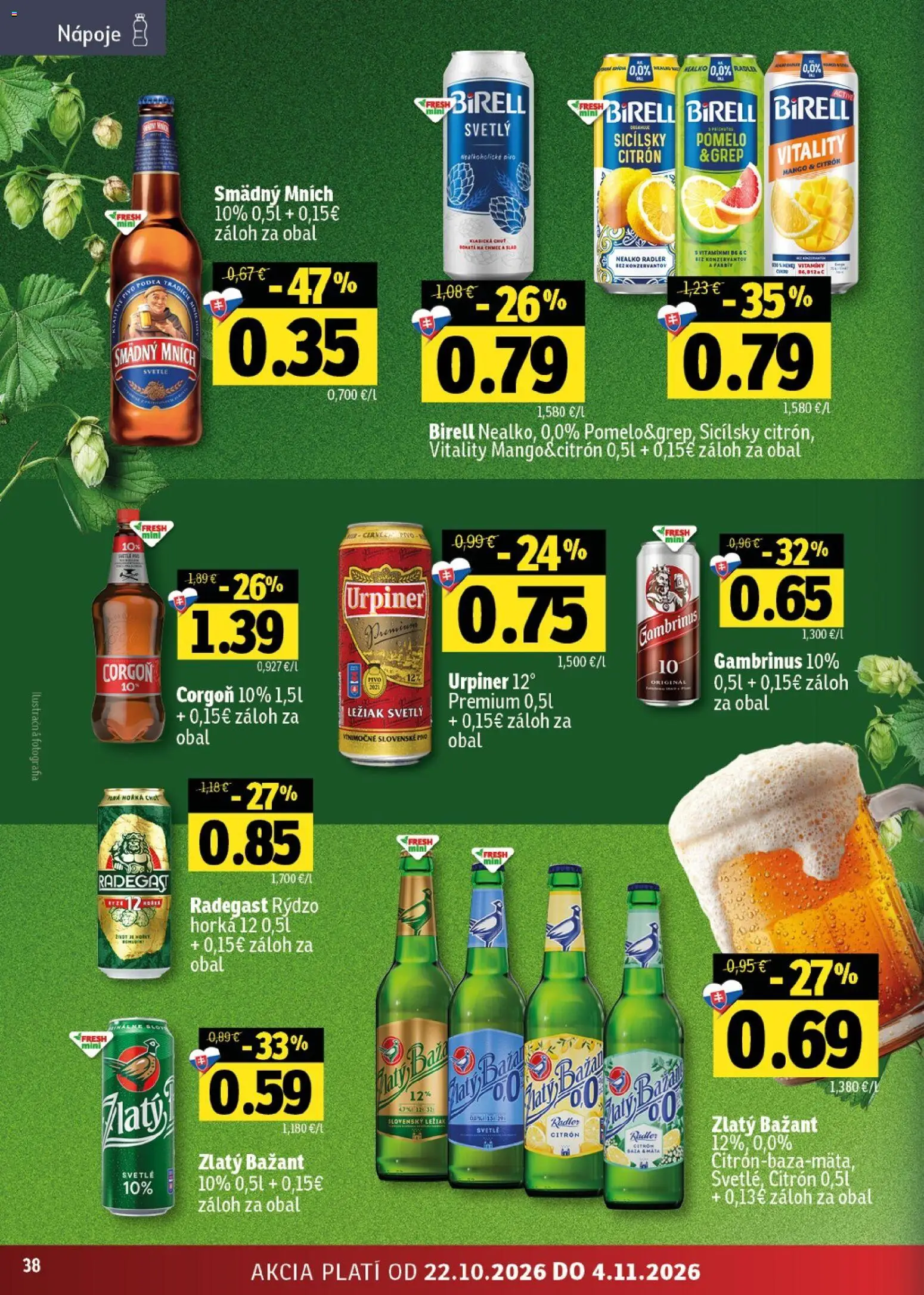 Nové Fresh akcie – leták je platný od 22.10.2026 | Strana: 38 | Produkty: Pivo, Radegast, Corgoň, Grep