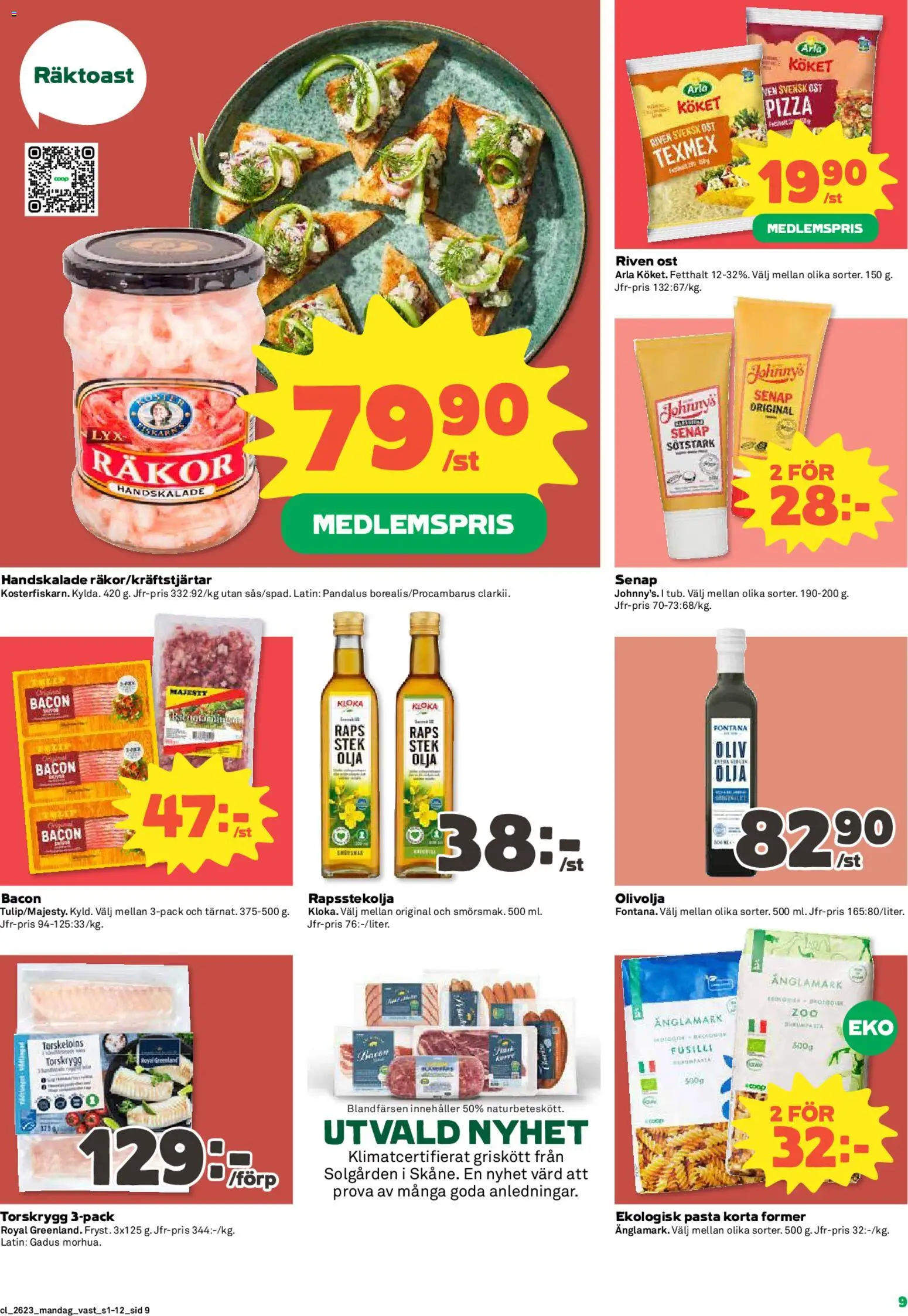 Coop reklamblad aktuell från 01.06.2026 | Sida: 9 | Produkter: Räkor, Riven ost, Olivolja, Olja