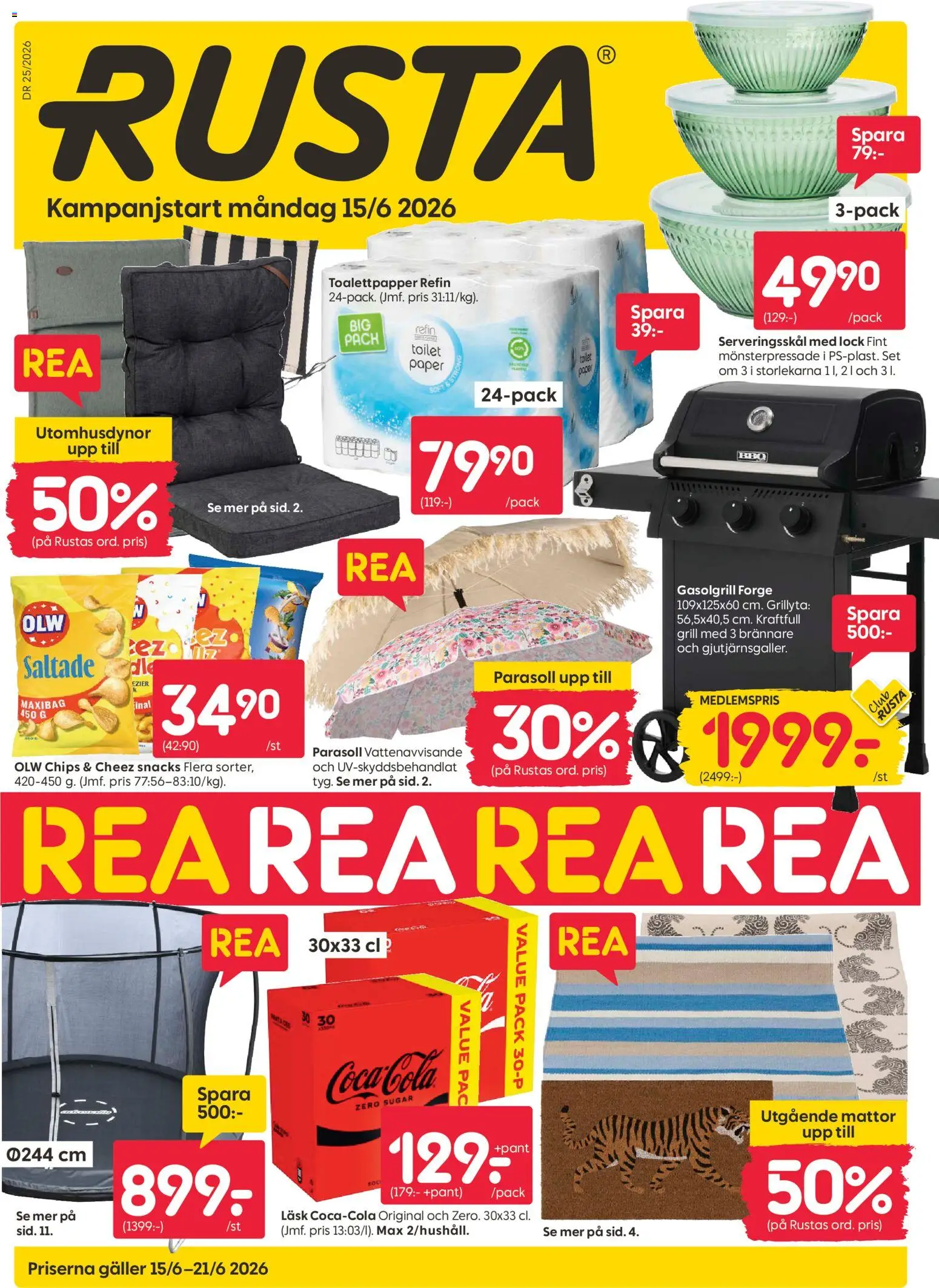 Rusta reklamblad aktuell från 15.06.2026 | Sida: 1 | Produkter: Toalettpapper, Chips, Coca cola, Set