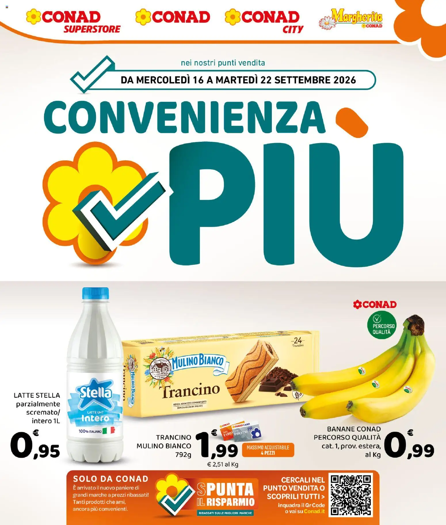 Volantino Conad del 16/09/2026 | Pagina: 1 | Prodotti: Banane, Latte, Olio