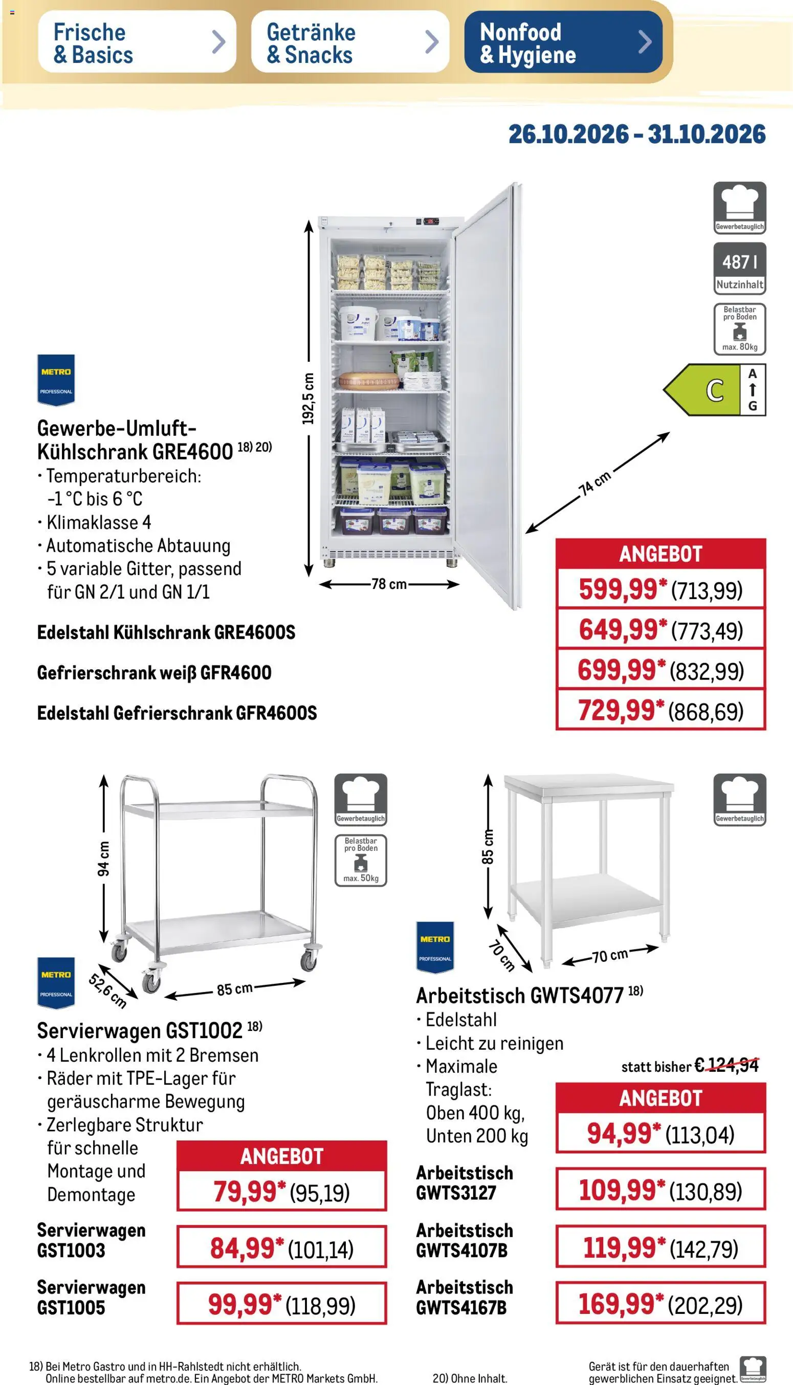 Metro NonFood-Angebote – gültig ab 26.10.2026 | Seite: 10 | Produkte: Gefrierschrank, Servierwagen, Arbeitstisch, Kühlschrank