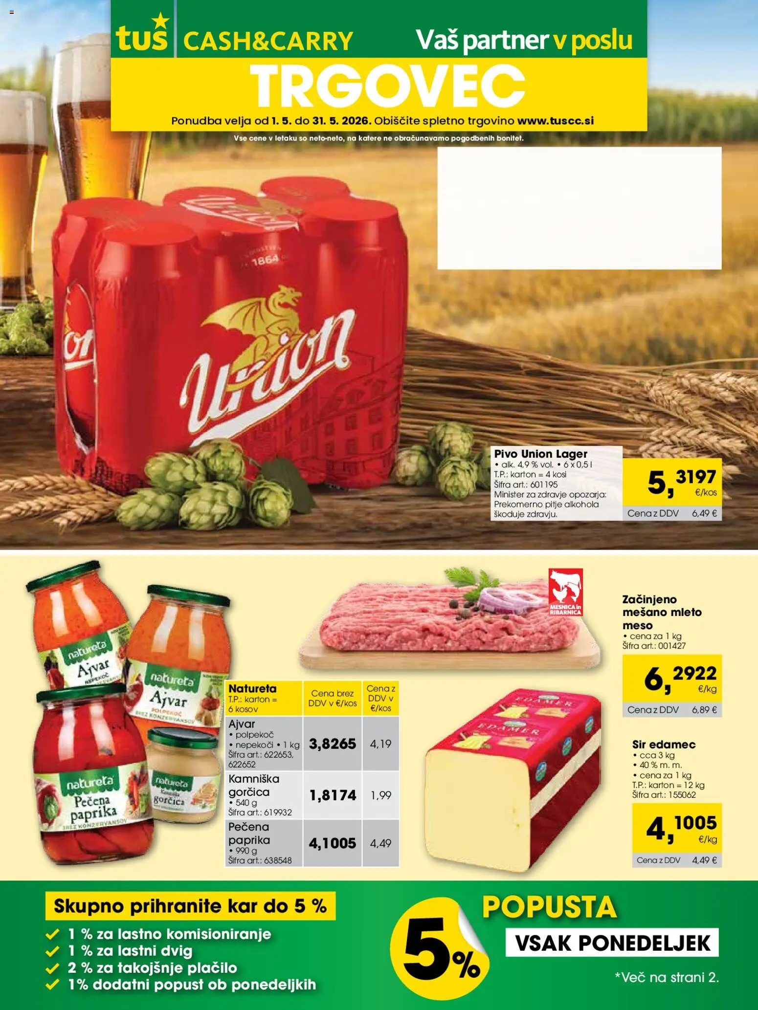 Novi Tuš katalog ponudbe – veljaven od 01.05.2026 | Stran: 1 | Izdelki: Mleto meso, Ajvar, Gorčica, Sir