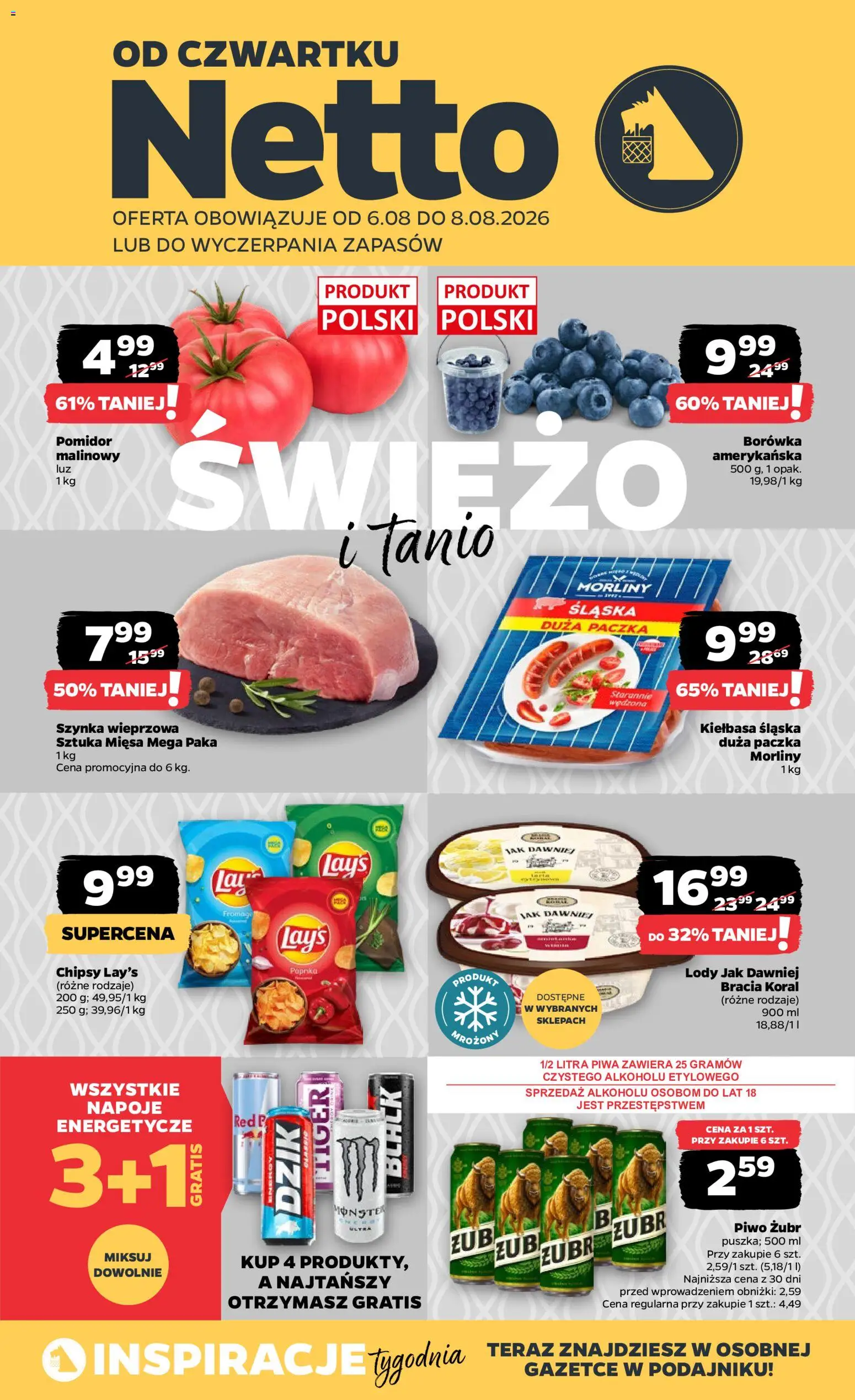 Netto gazetka od czwartku od 06.08.2026 | Strona: 1 | Produkty: Borówka amerykańska, Napoje, Piwo, Lody