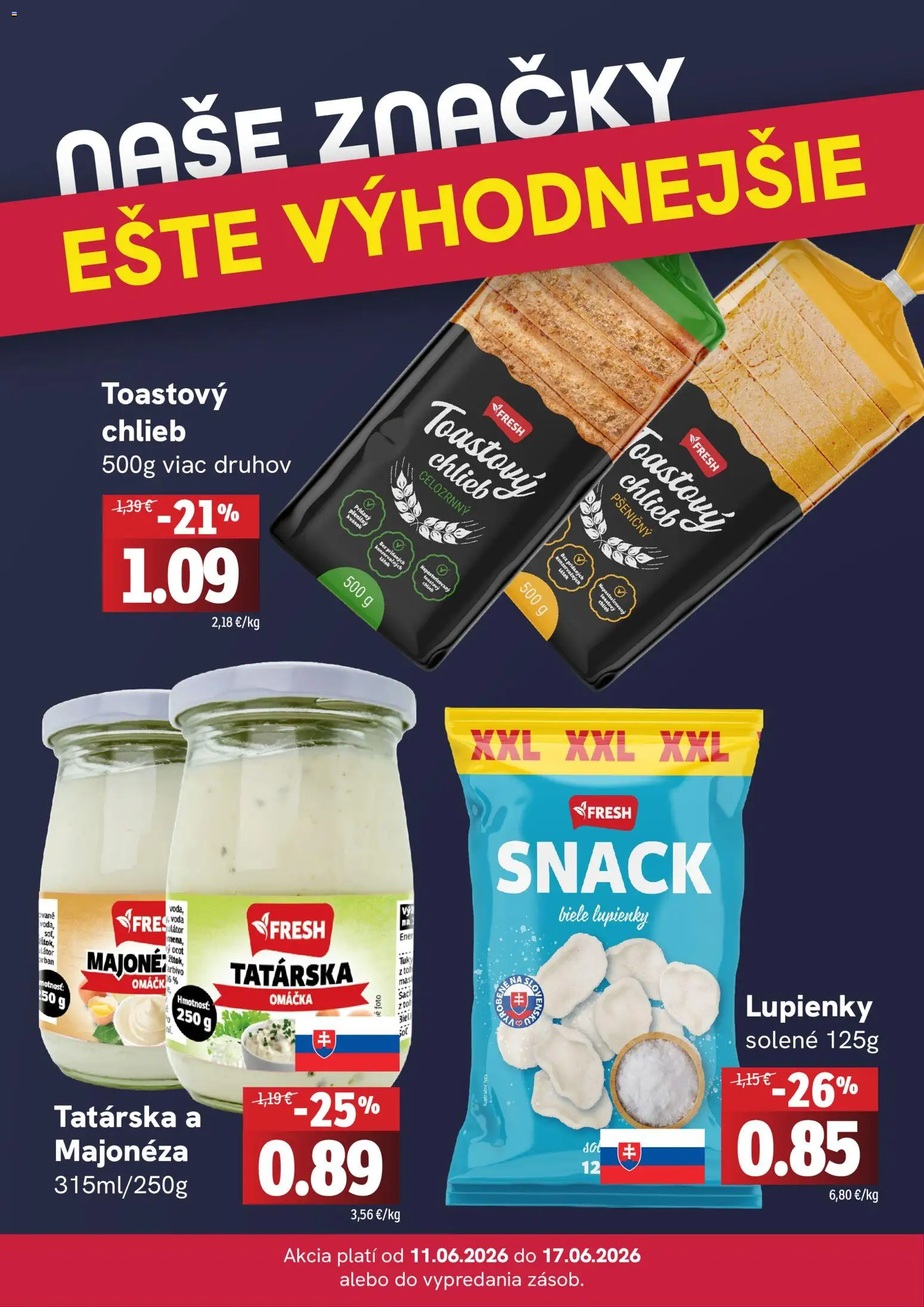 Nové Fresh akcie – leták je platný od 11.06.2026 | Strana: 4 | Produkty: Chlieb, Voda, Omáčka, Ocot