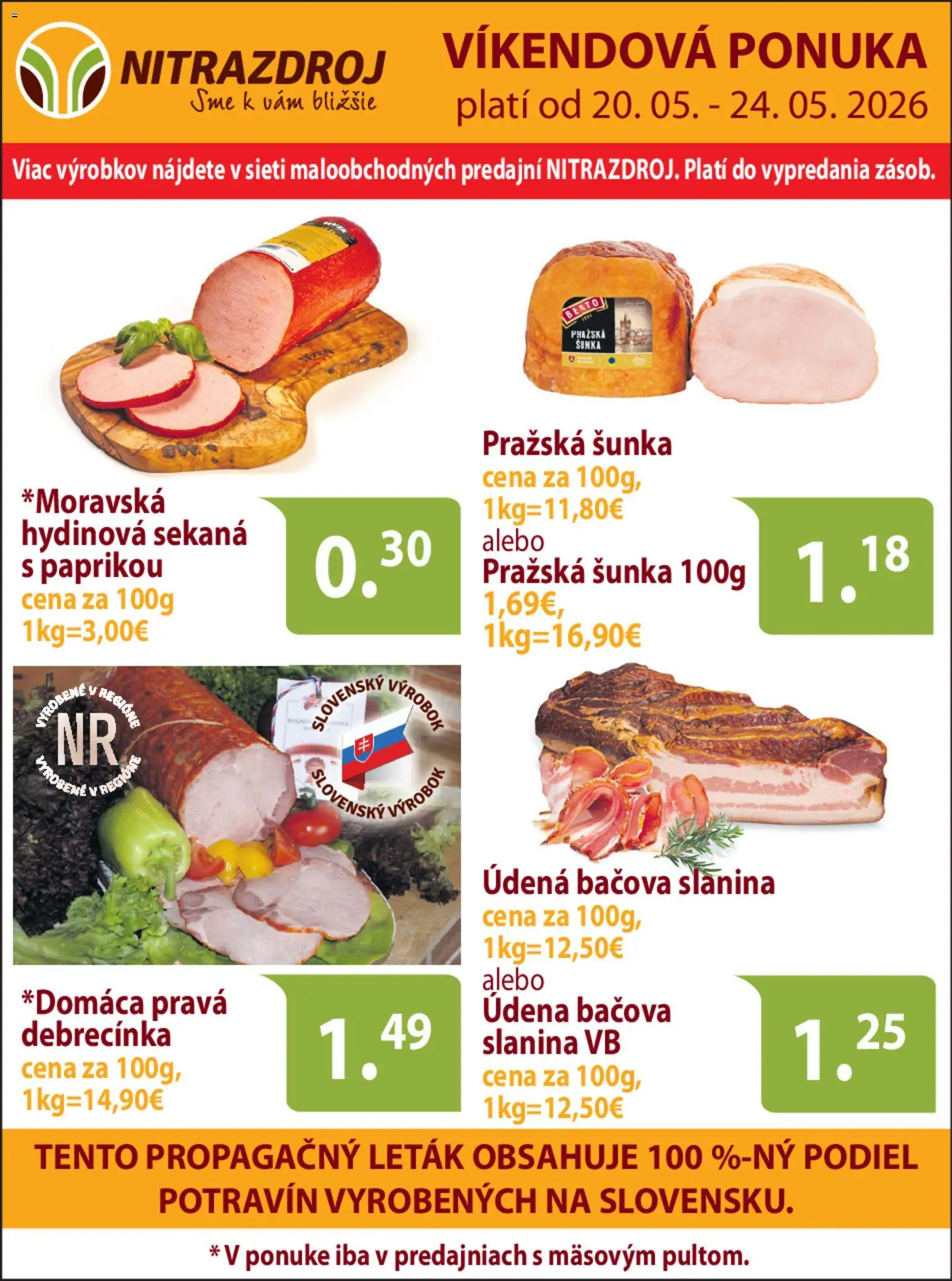 Nové Nitrazdroj akcie – leták je platný od 20.05.2026 | Strana: 1 | Produkty: Šunka, Slanina