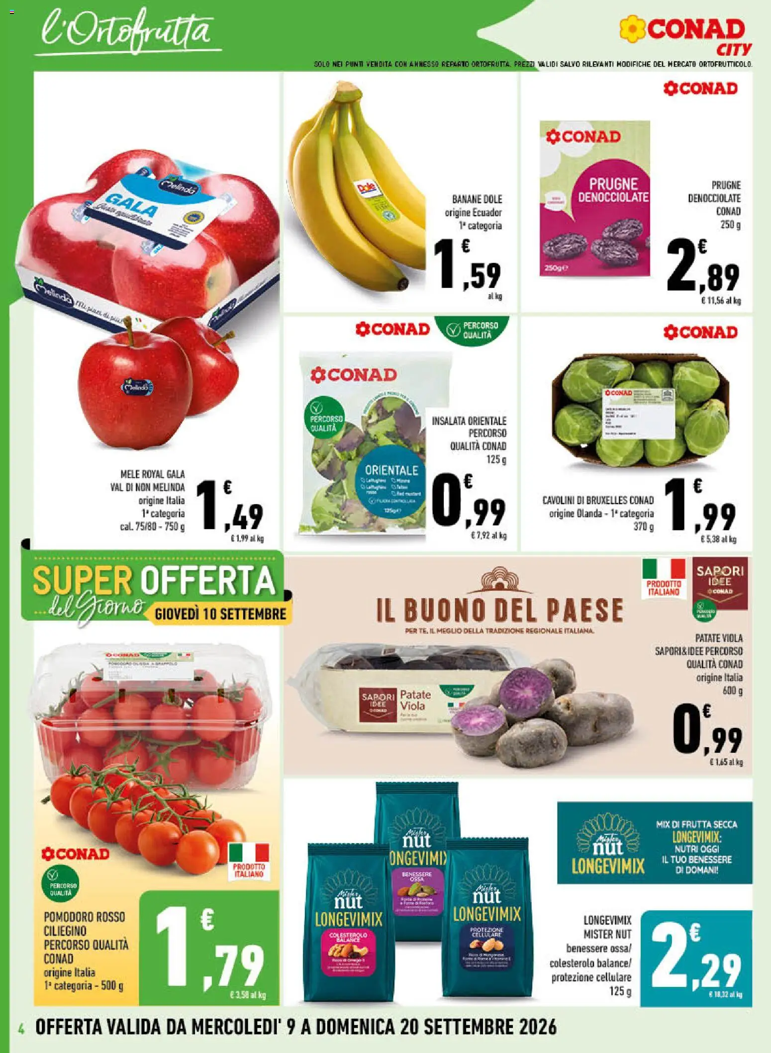 Volantino Conad del 09/09/2026 | Pagina: 4 | Prodotti: Cellulare, Prugne, Patate, Pomodoro