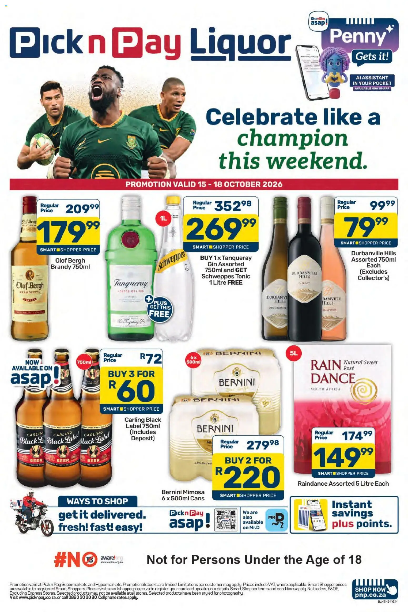 New Pick n Pay catalogue – valid from 15/10/2026 | Page: 1 | Products: Brandy, Tonic, Beer, Gin
