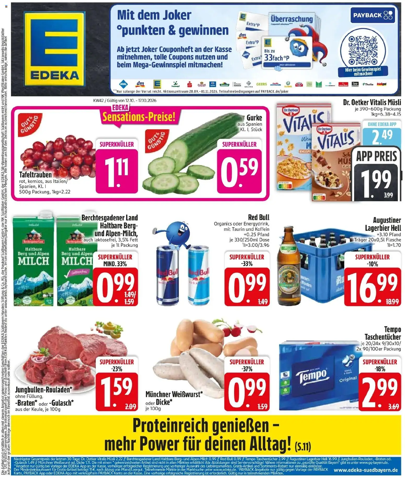 Edeka Prospekt Tittmoning (ab 12.10.2026) » Angebote Online | Seite: 3 | Produkte: Red bull, Milch, Weißwurst, Tempo
