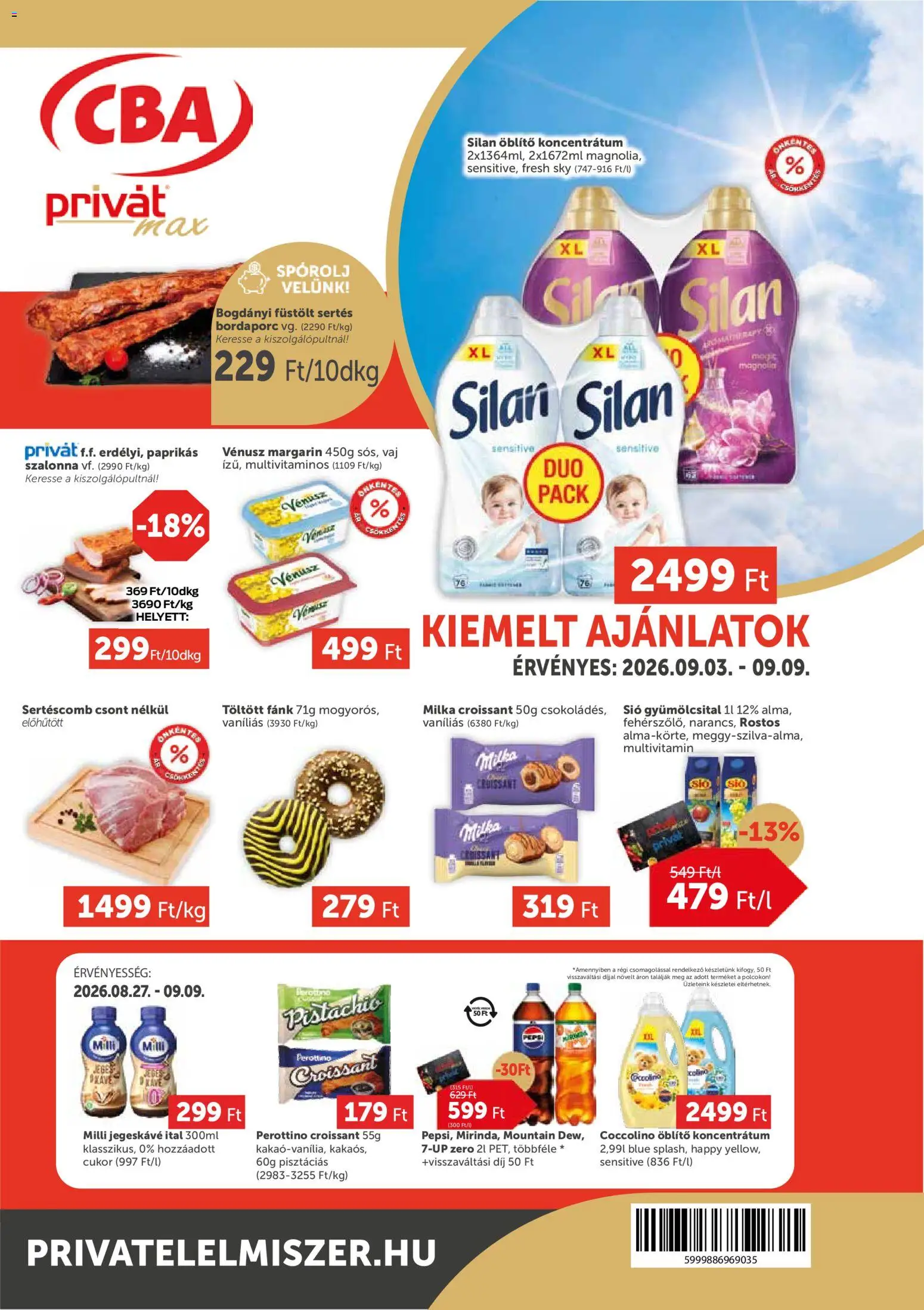 PRIVÁT akciós ujság - amely érvényes a következő dátumtól: 2026.09.03. | Oldal: 1 | Termékek: Croissant, Milka, Öblítő, Silan
