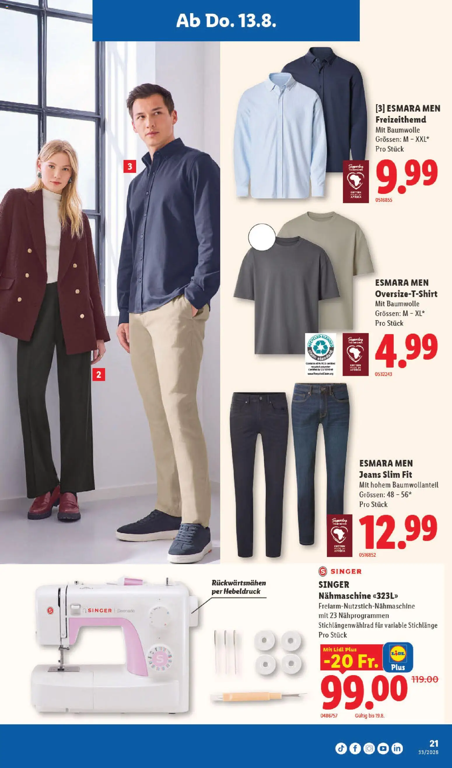 Lidl aktionen – gültig ab 13.08.2026 | Seite: 25 | Produkte: Nähmaschine, Freizeithemd, Jeans, Shirt