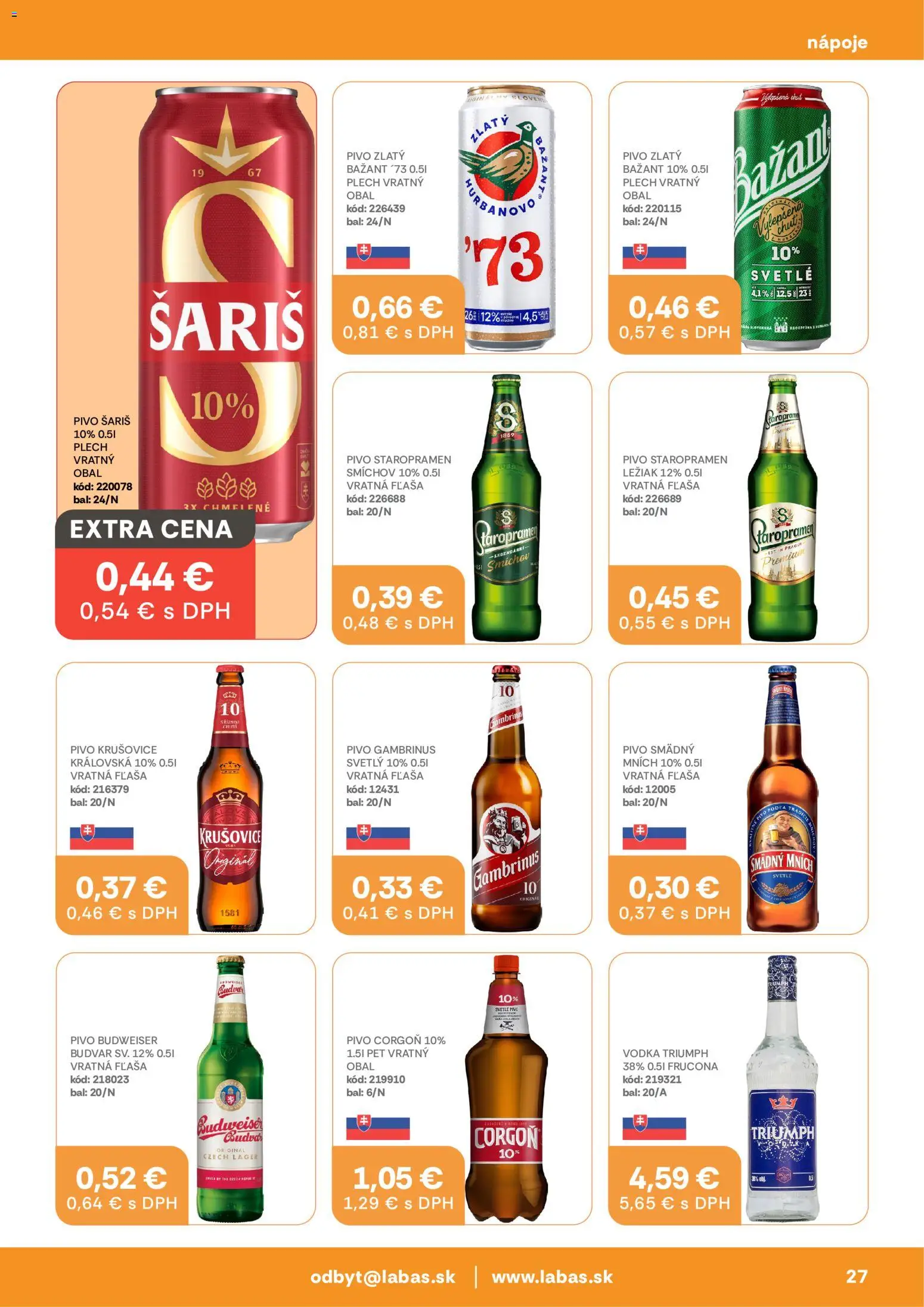 Nové Labaš akcie – leták je platný od 09.10.2026 | Strana: 27 | Produkty: Nápoje, Budvar, Smädný Mních, Gambrinus