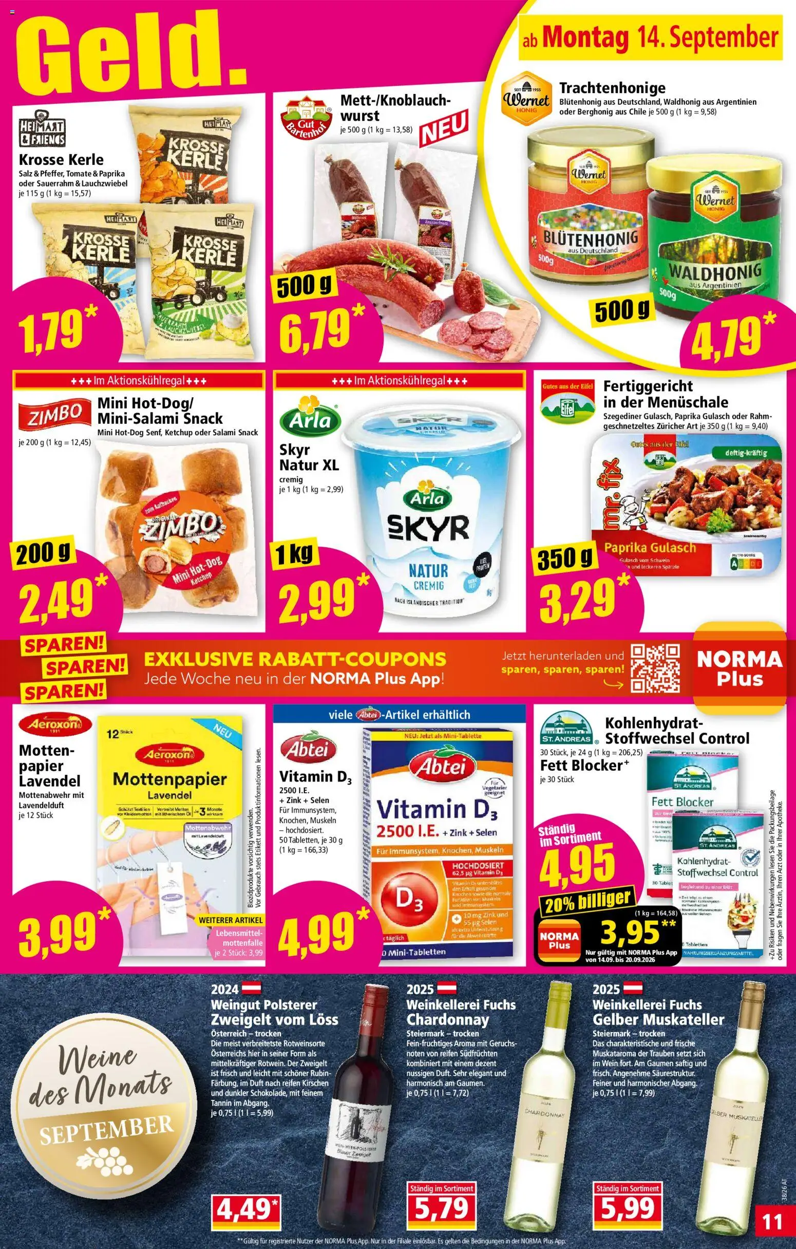 Norma Flugblatt gültig ab 14.09.2026 | Seite: 11 | Produkte: Wurst, Duft, Wein, Sauerrahm