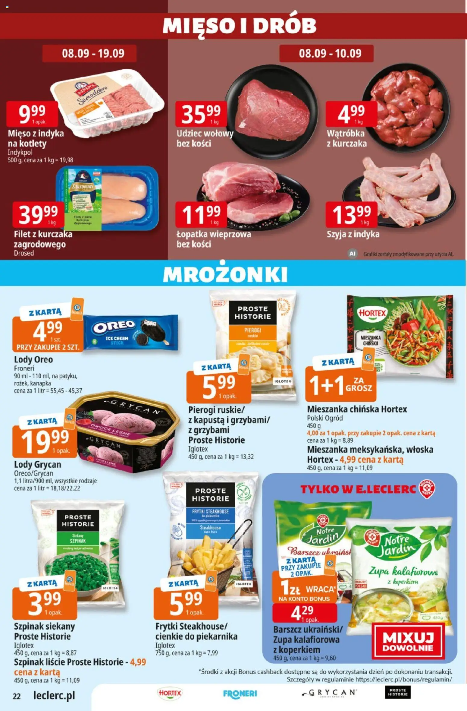 E.Leclerc gazetka od 08.09.2026 | Strona: 22 | Produkty: Karta, Wątróbka, Lody Oreo, Łopatka wieprzowa