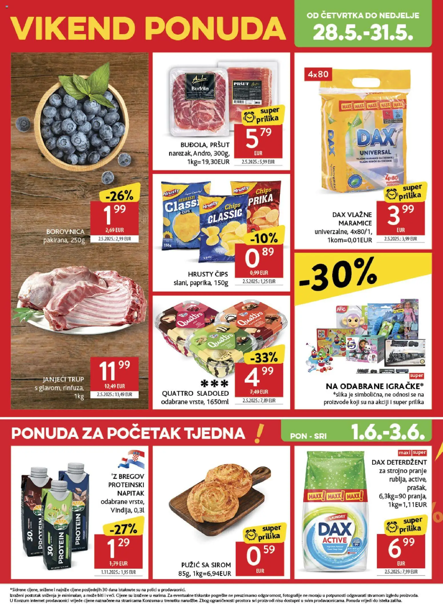 Konzum katalog | vrijedi od 27.05.2026 | Stranica: 49 | Proizvodi: Vlažne maramice, Pršut, Deterdžent, Borovnica