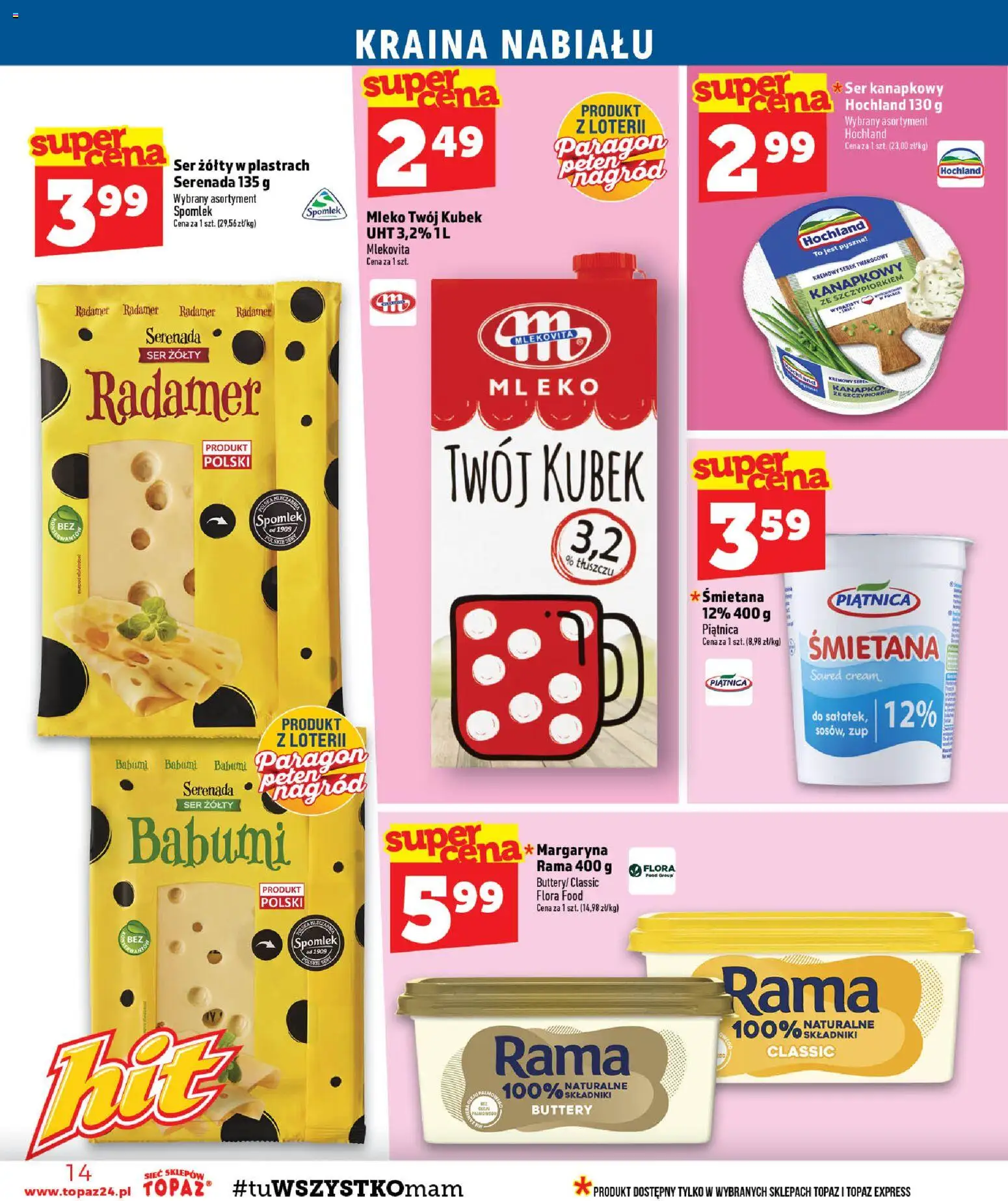 Topaz gazetka - MAZ od 20.08.2026 | Strona: 14 | Produkty: Margaryna, Mleko, Ser, Śmietana