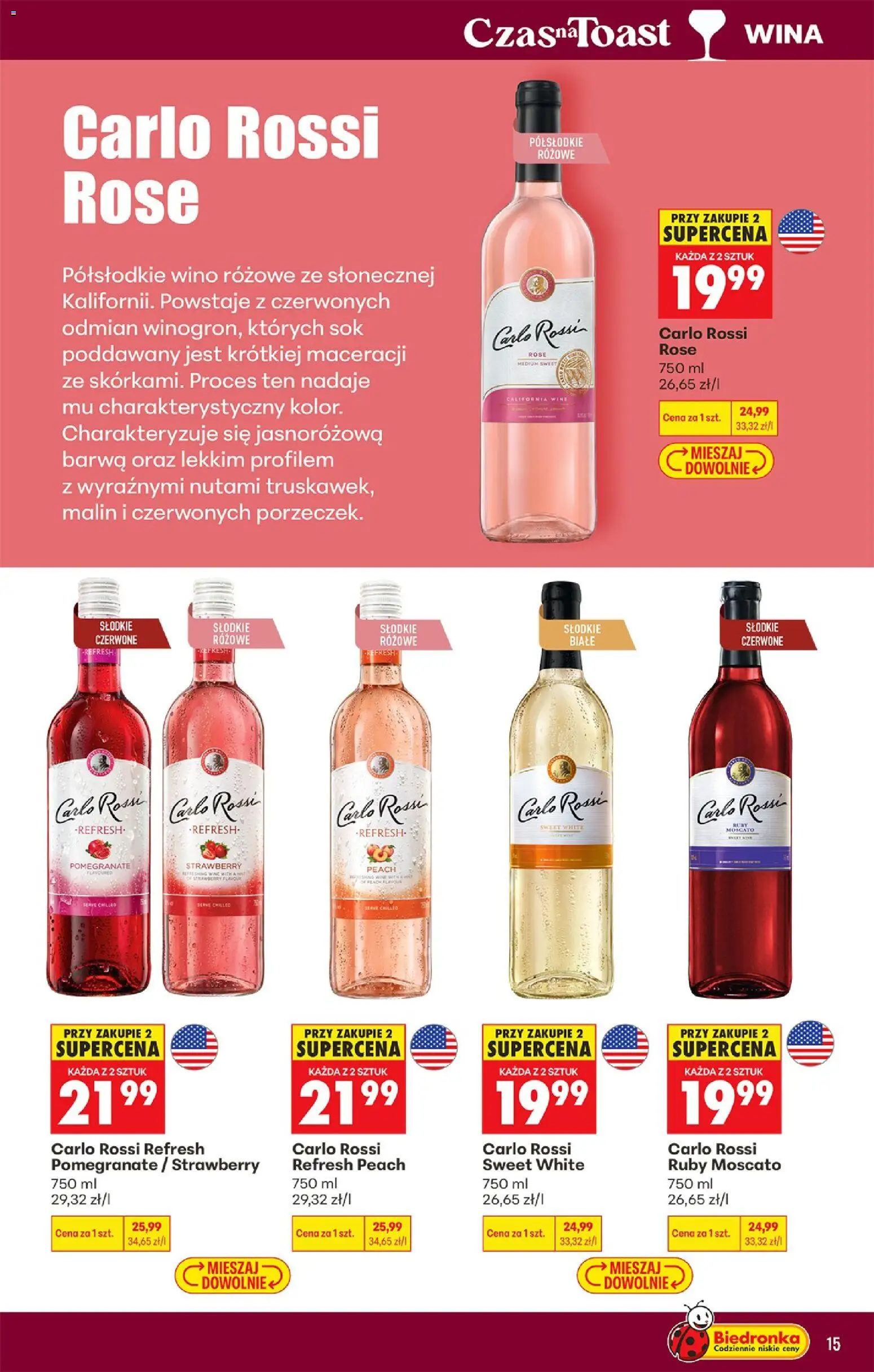 Biedronka gazetka - Czas na toast od 29.06.2026 | Strona: 15 | Produkty: Carlo Rossi Rose, Sok, Wino, Carlo Rossi