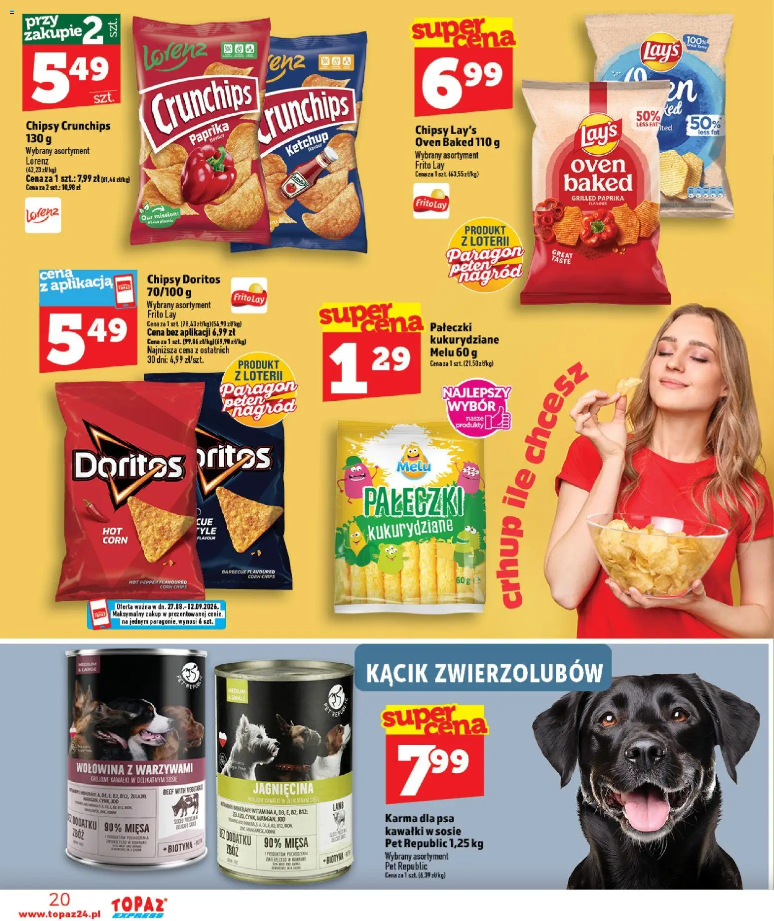 Topaz gazetka - Express od 27.08.2026 | Strona: 20 | Produkty: Chipsy, Ketchup, Doritos, Karma dla psa