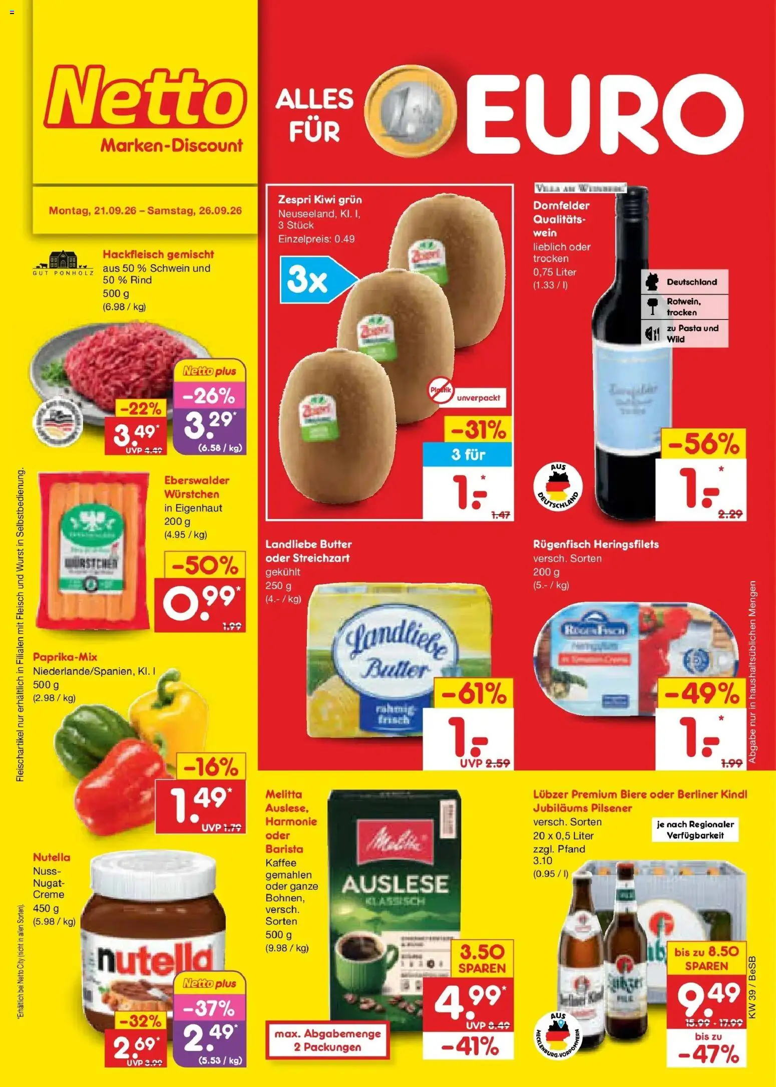 Netto Marken-Discount Prospekt Berlin-Prenzlauer Berg – gültig ab 21.09.2026 | Seite: 1 | Produkte: Berliner, Melitta, Pasta, Kiwi